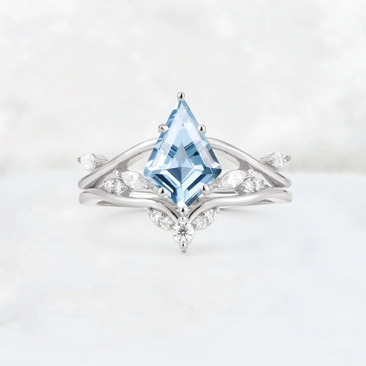Kite Cut Aquamarine Leaf Chevron Engagement Ring Set - Additional view