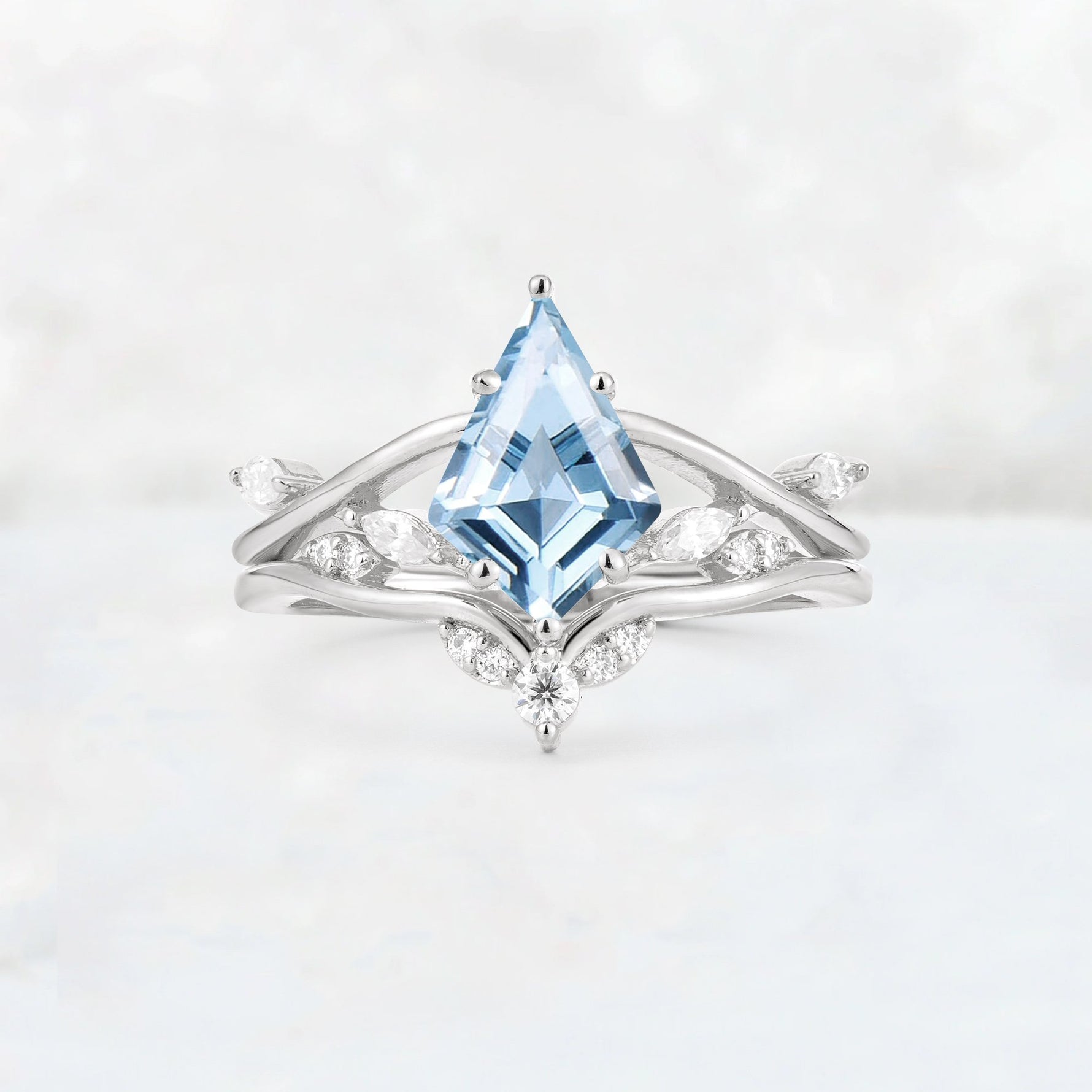 Kite Cut Aquamarine Leaf Chevron Engagement Ring Set - Additional view