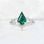 Kite Cut Emerald Leaf Chevron Engagement Ring Set - Additional view