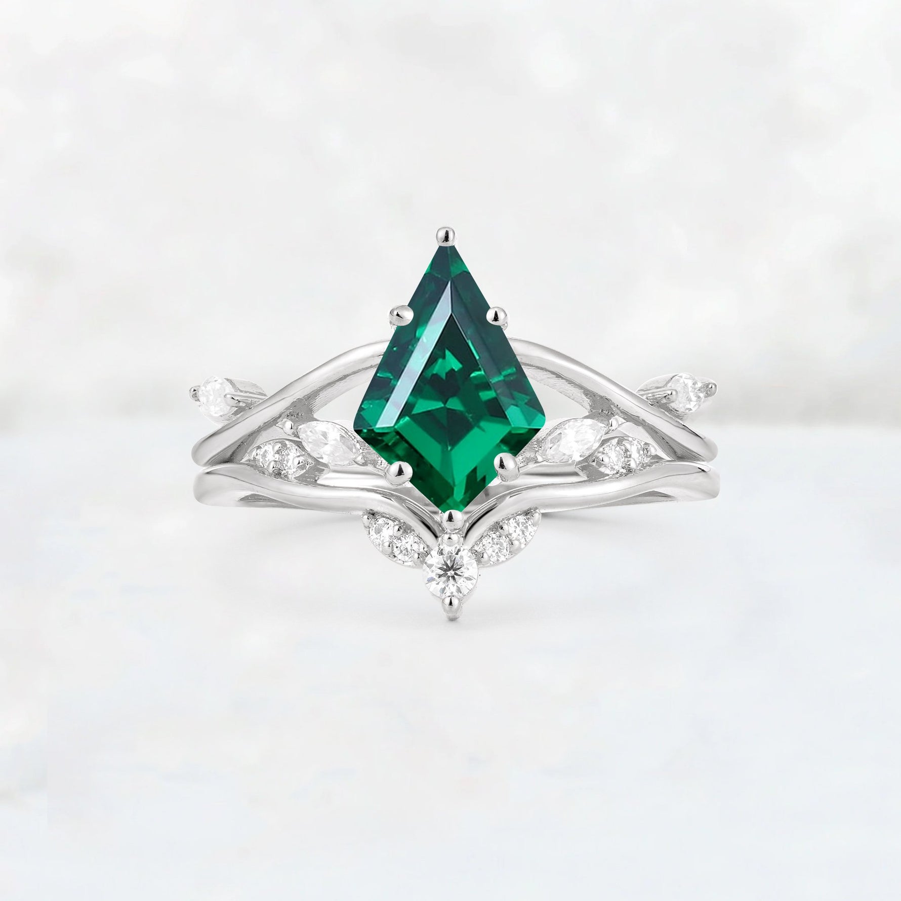 Kite Cut Emerald Leaf Chevron Engagement Ring Set - Additional view