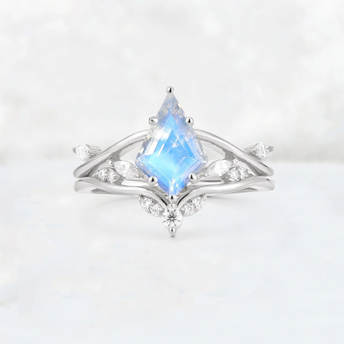 Kite Cut Moonstone Leaf Chevron Engagement Ring Set - Additional view