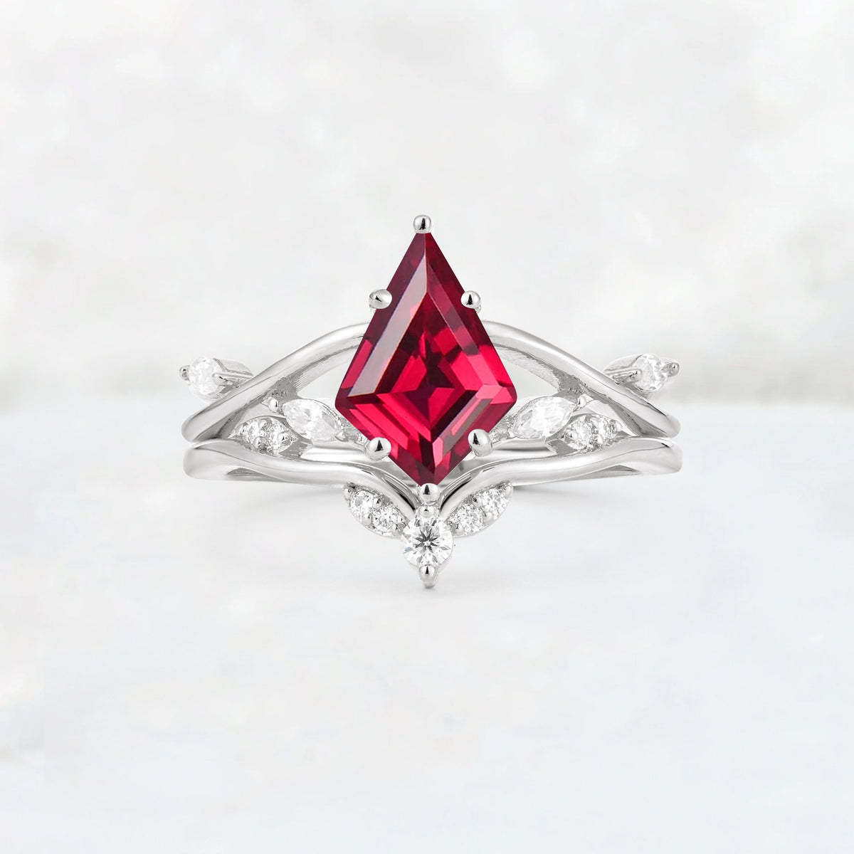 Kite Cut Ruby Leaf Chevron Engagement Ring Set - Additional view