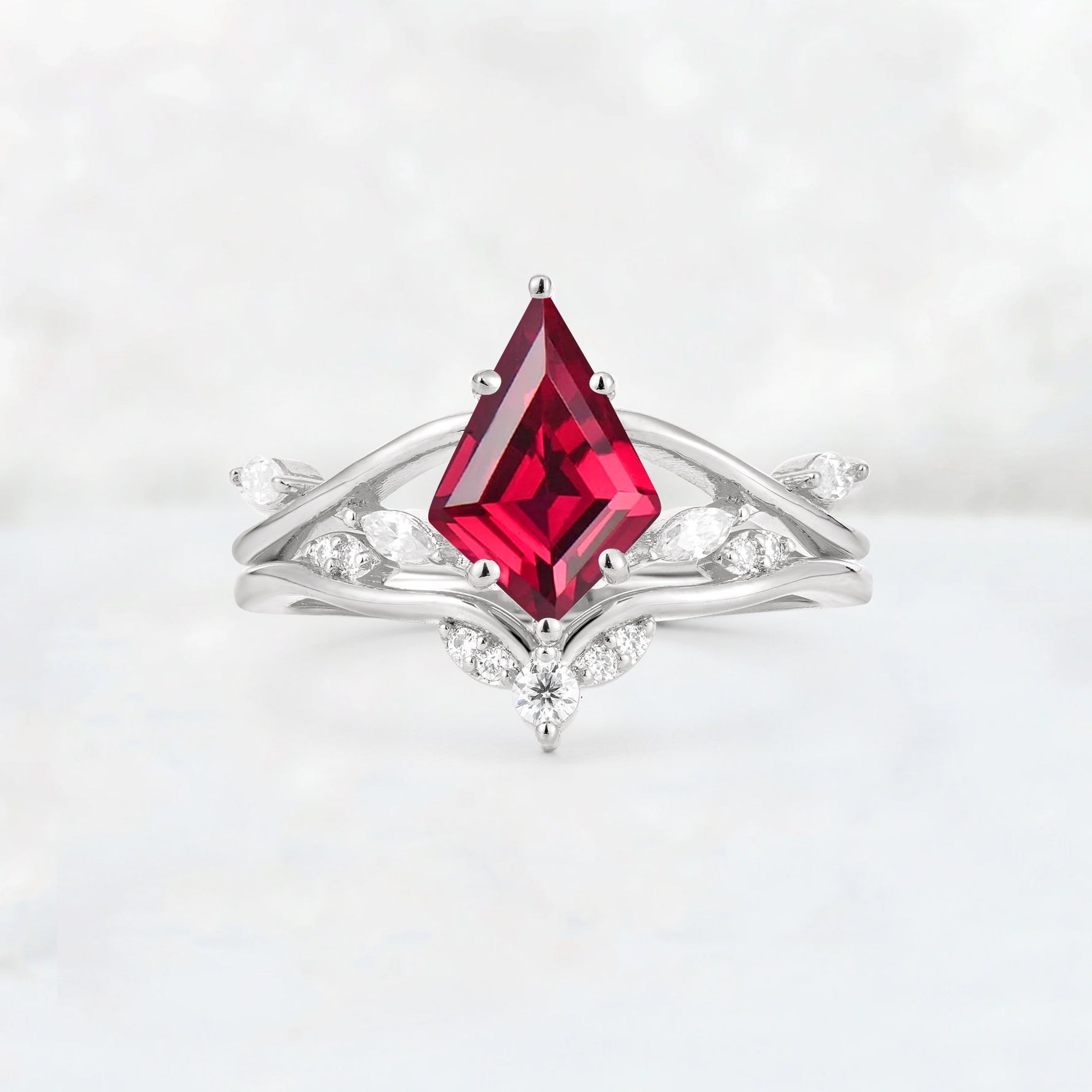 Kite Cut Ruby Leaf Chevron Engagement Ring Set - Additional view