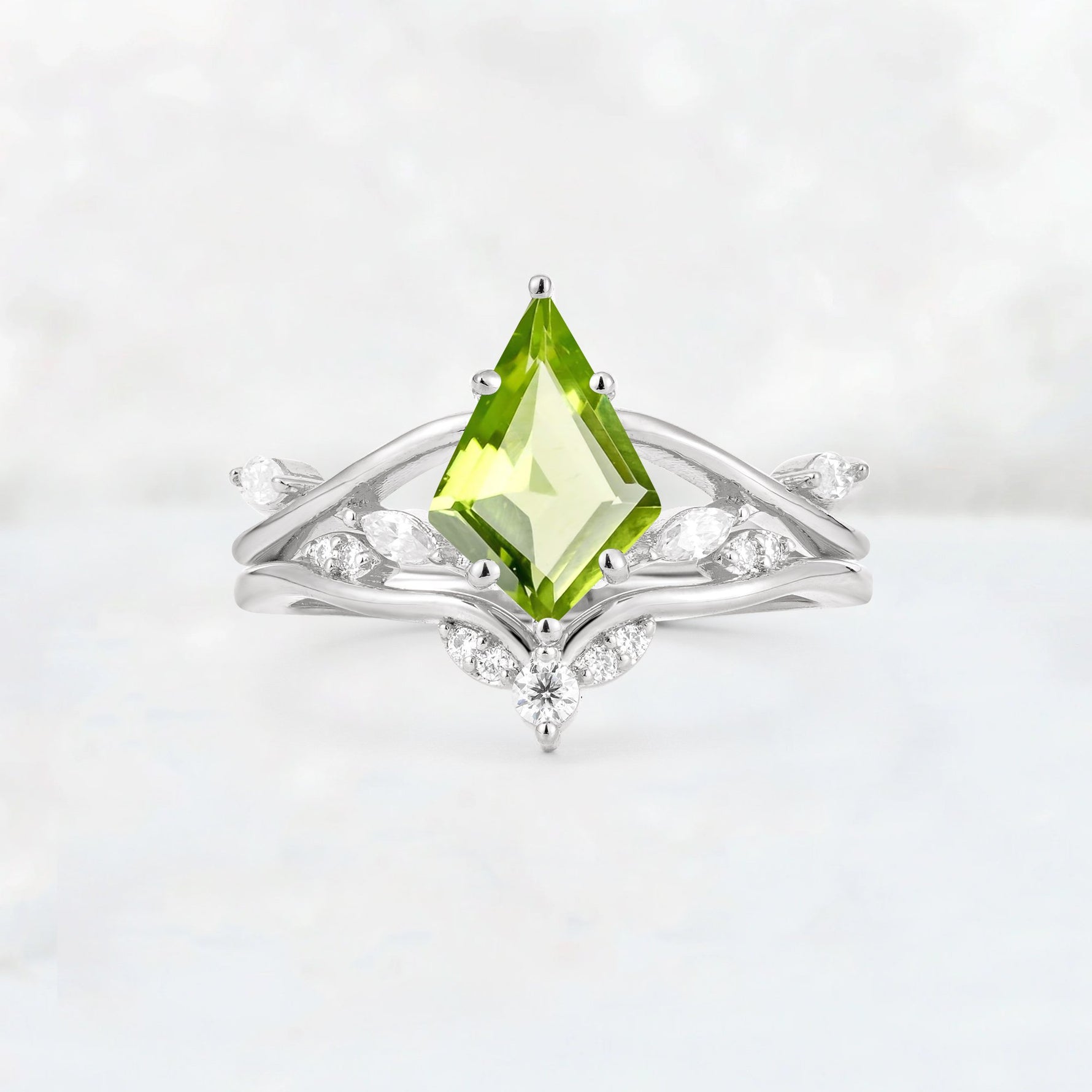 Kite Cut Peridot Leaf Chevron Engagement Ring Set - Additional view