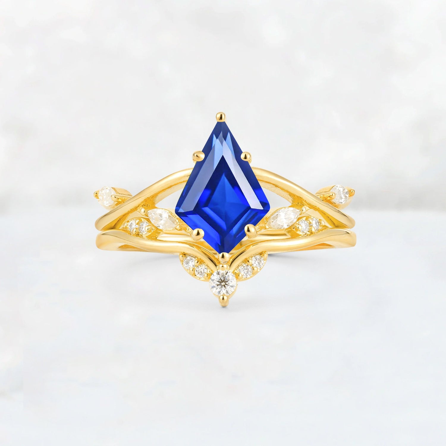 Kite Cut Sapphire Leaf Chevron Engagement Ring Set - Additional view