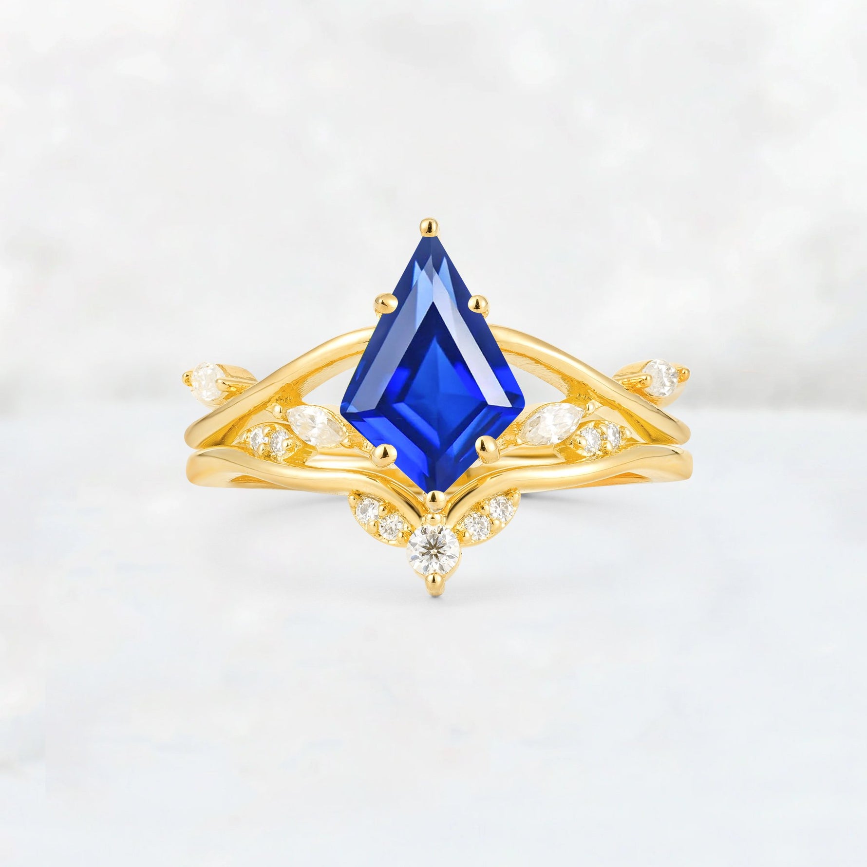 Kite Cut Sapphire Leaf Chevron Engagement Ring Set - Additional view