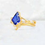 Kite Cut Sapphire Leaf Chevron Engagement Ring Set - Additional view