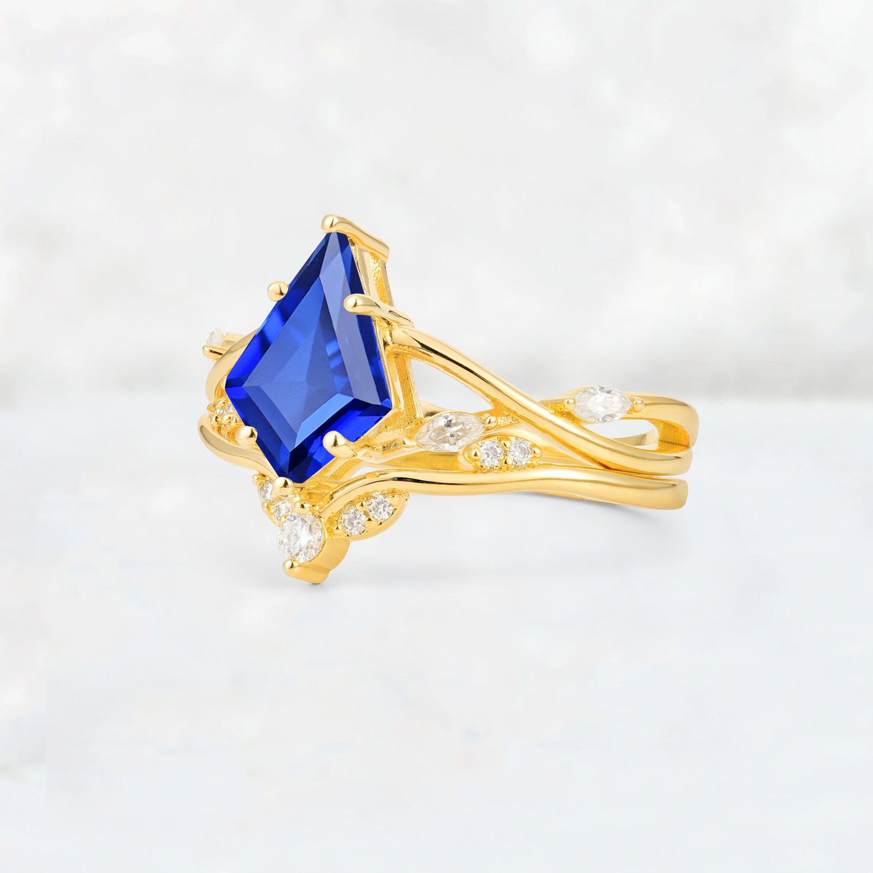 Kite Cut Sapphire Leaf Chevron Engagement Ring Set - Additional view