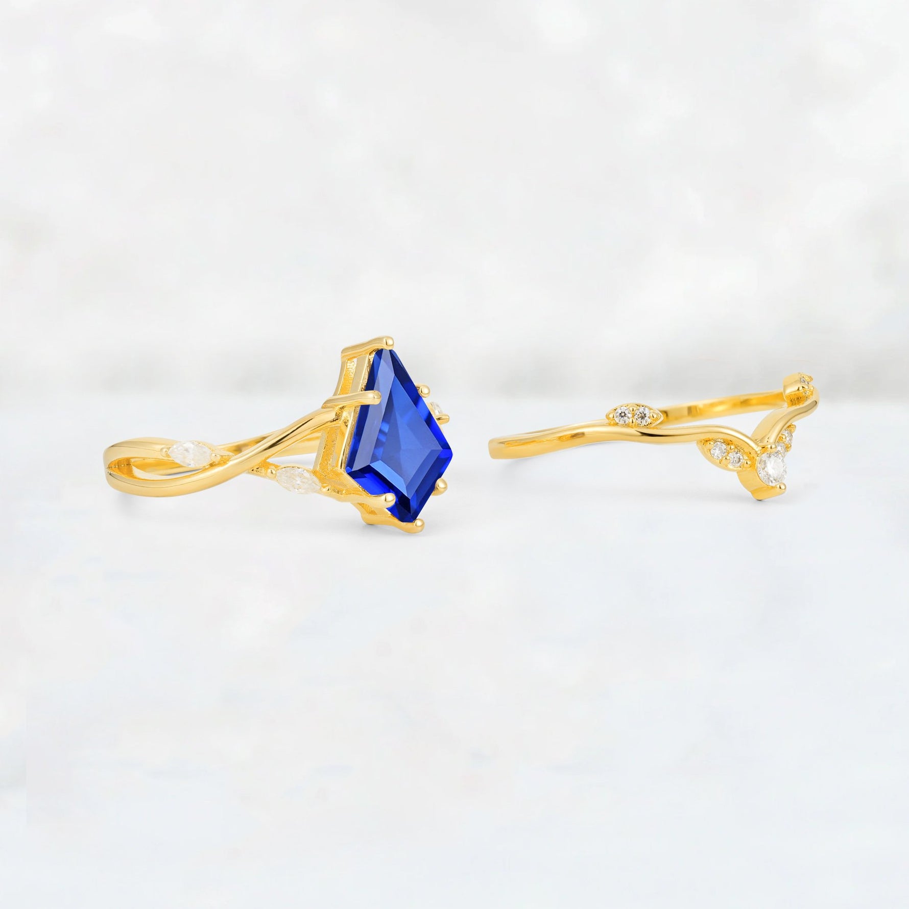 Kite Cut Sapphire Leaf Chevron Engagement Ring Set - Additional view