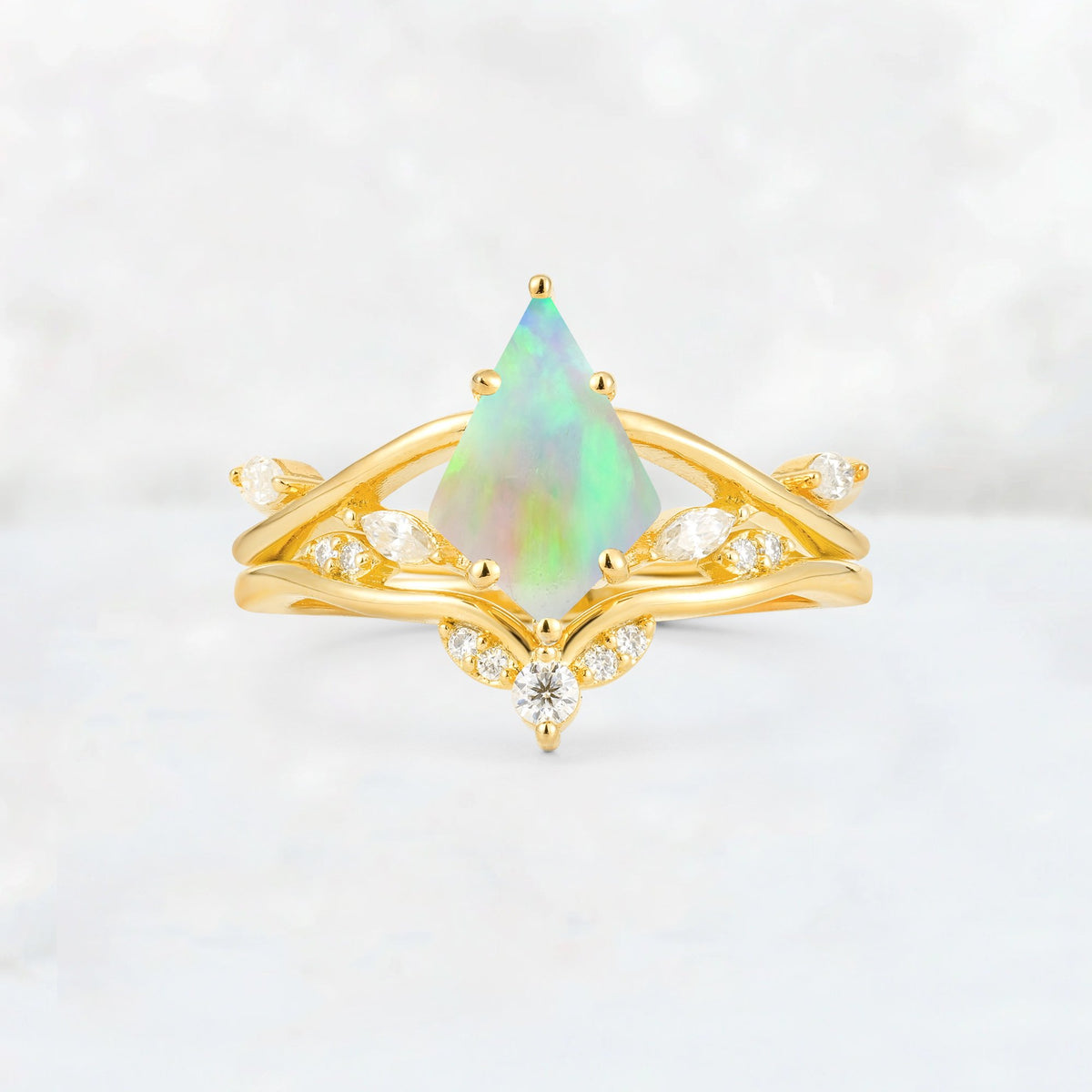 Kite Cut Fire Opal Leaf Chevron Engagement Ring Set - Additional view