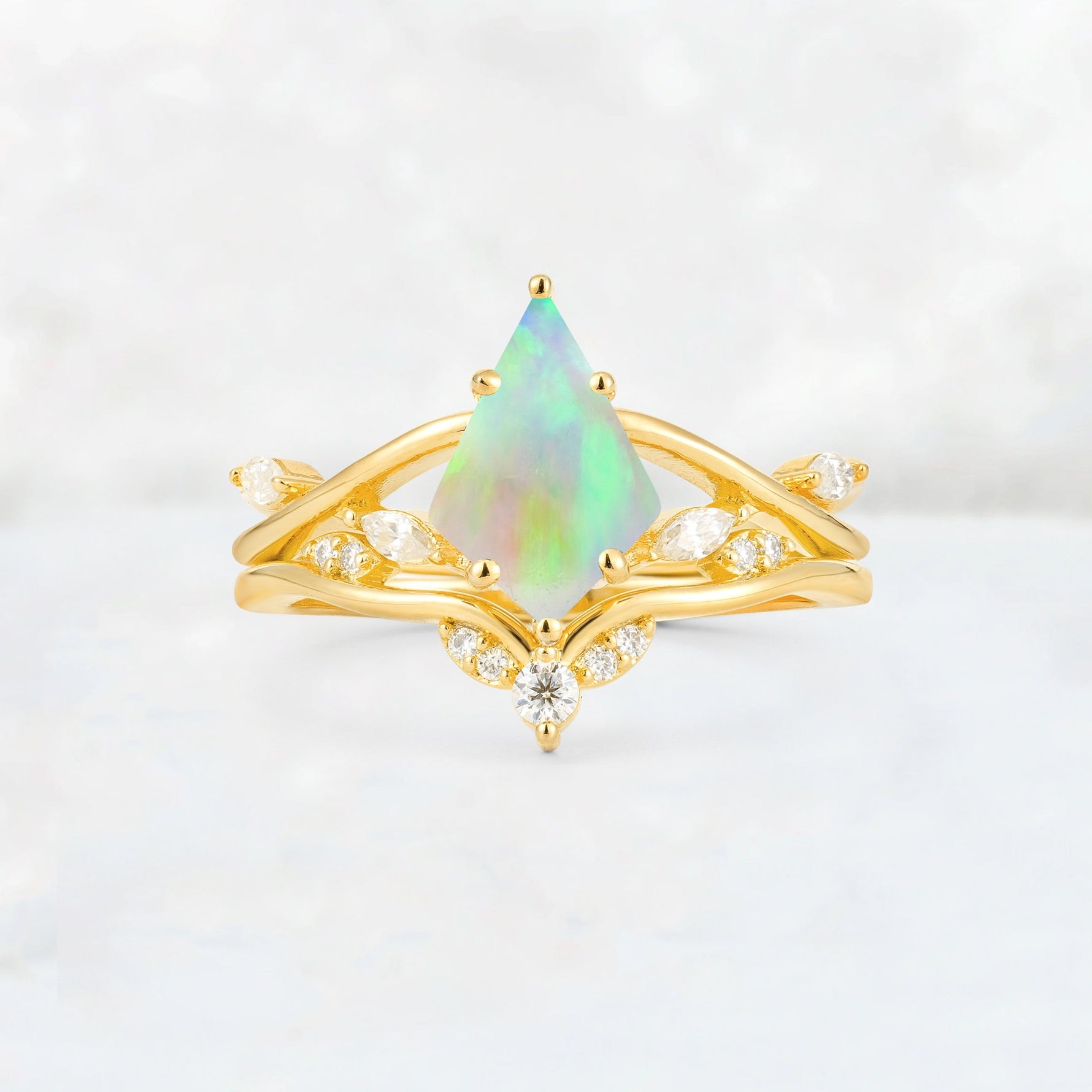 Kite Cut Fire Opal Leaf Chevron Engagement Ring Set - Additional view