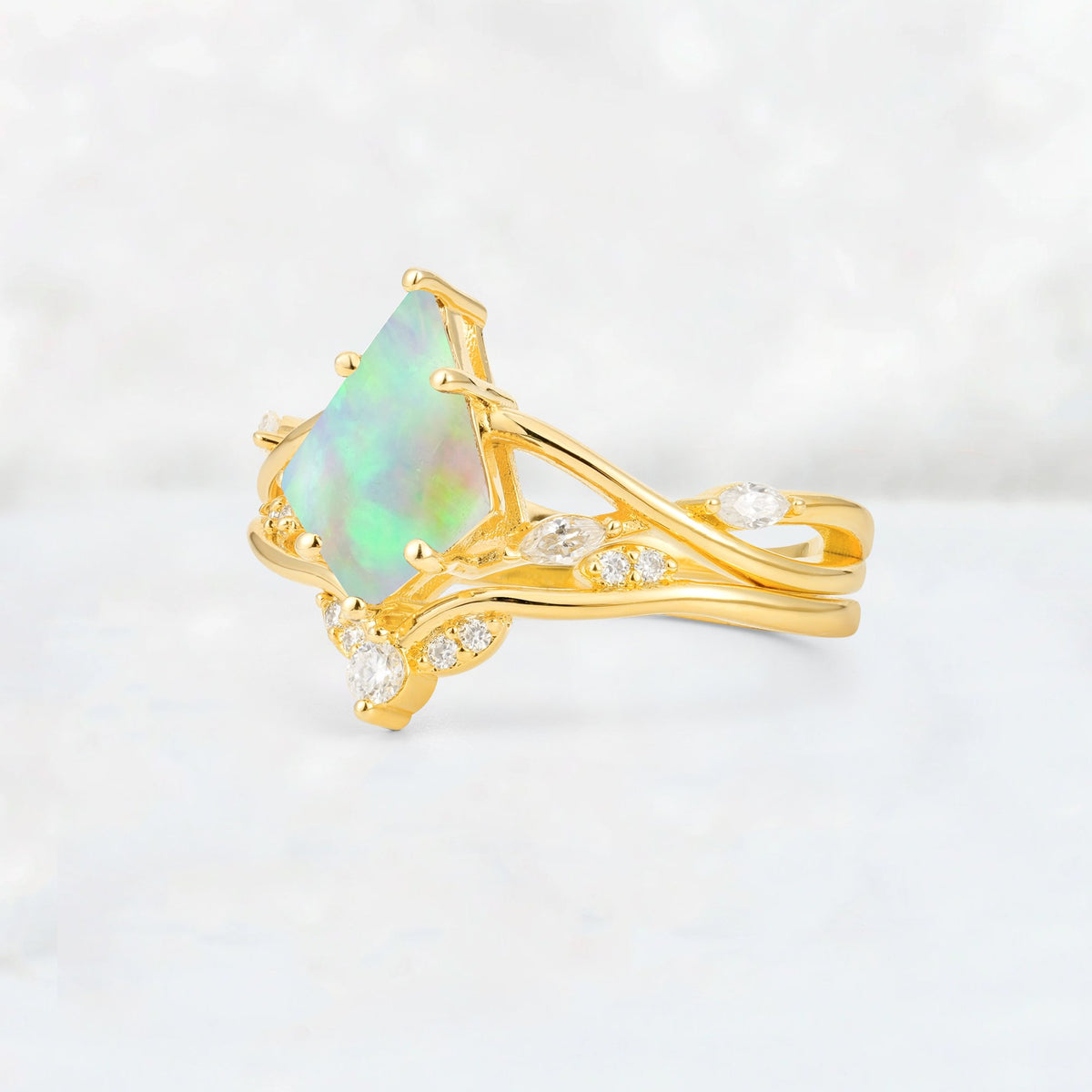 Kite Cut Fire Opal Leaf Chevron Engagement Ring Set - Additional view