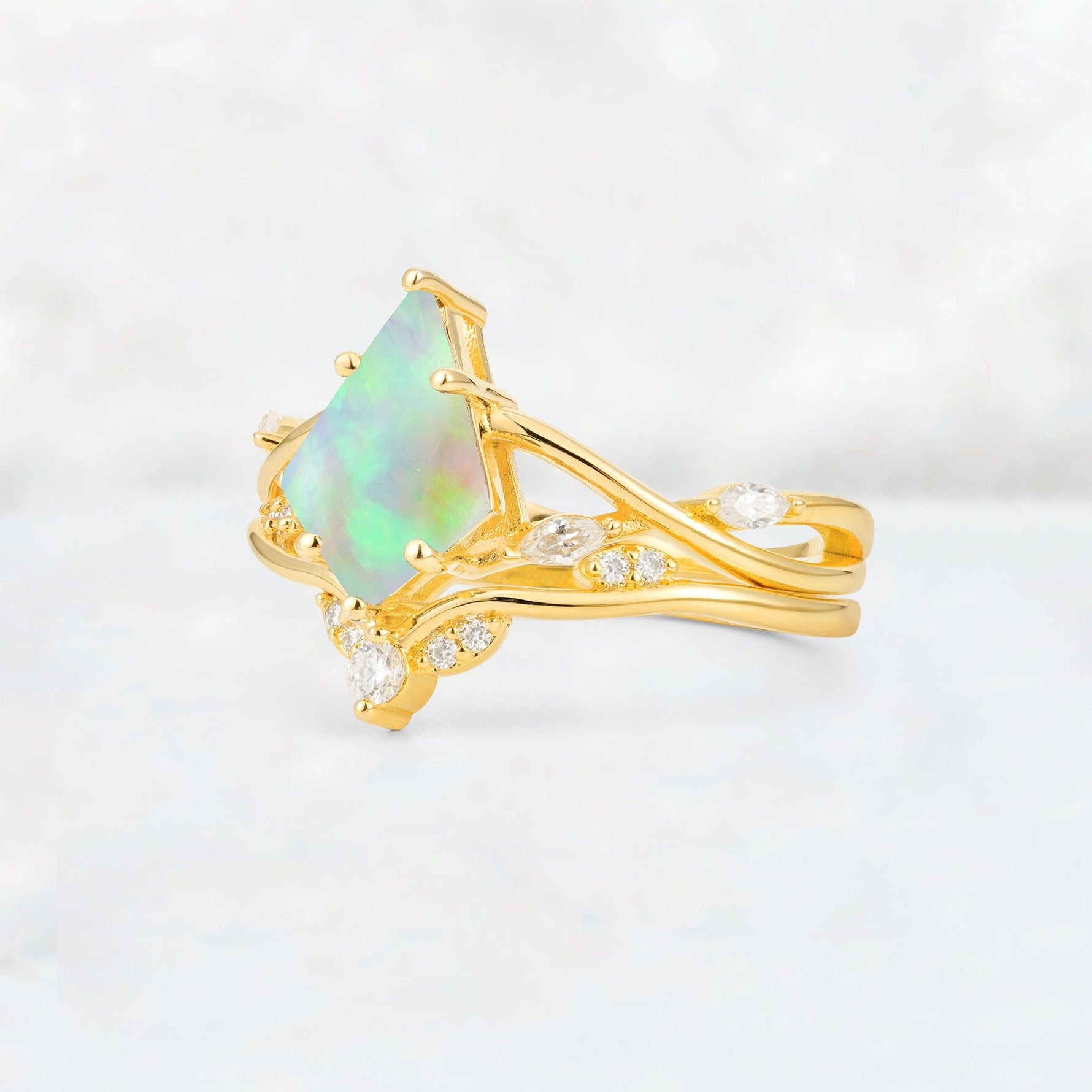 Kite Cut Fire Opal Leaf Chevron Engagement Ring Set - Additional view