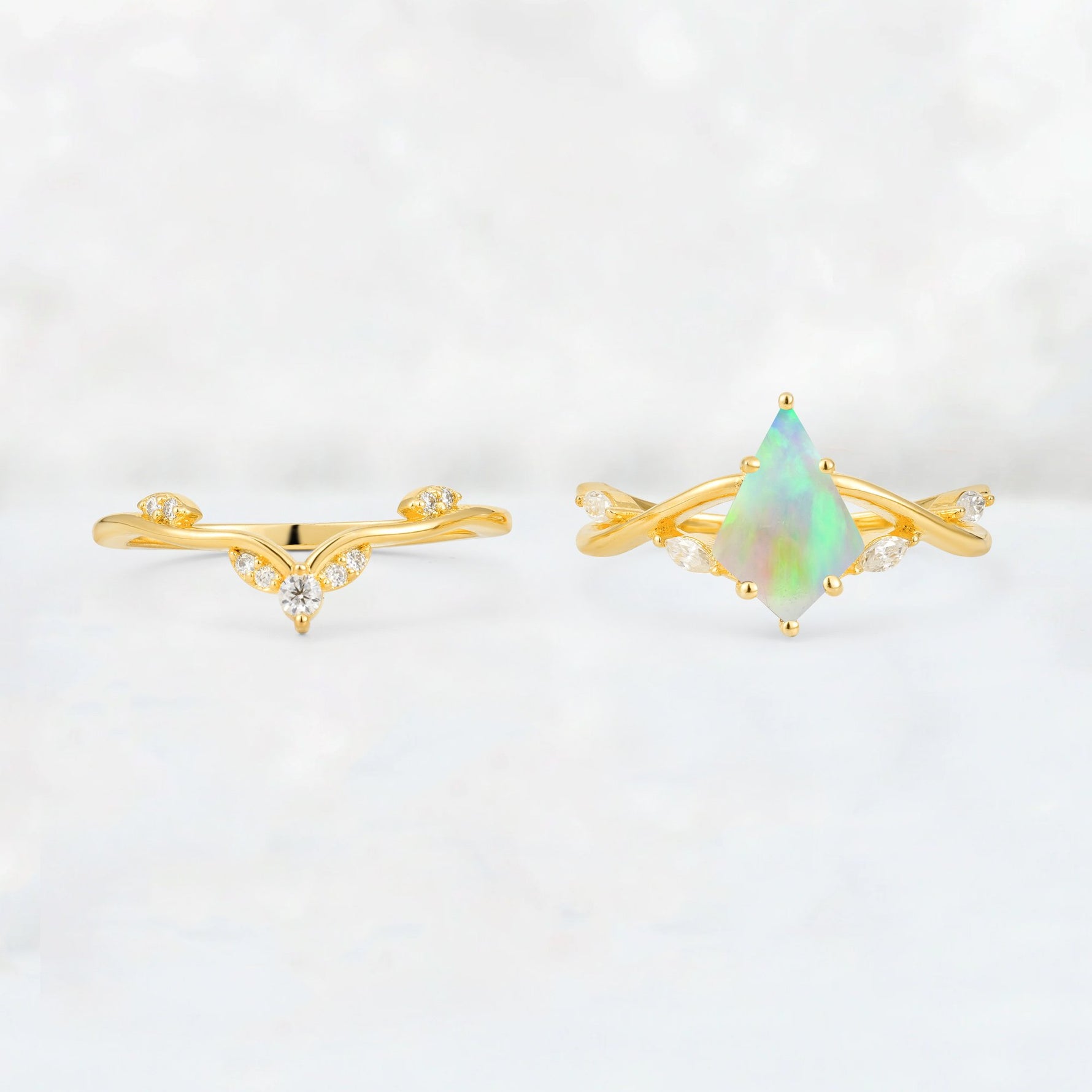 Kite Cut Fire Opal Leaf Chevron Engagement Ring Set - Additional view