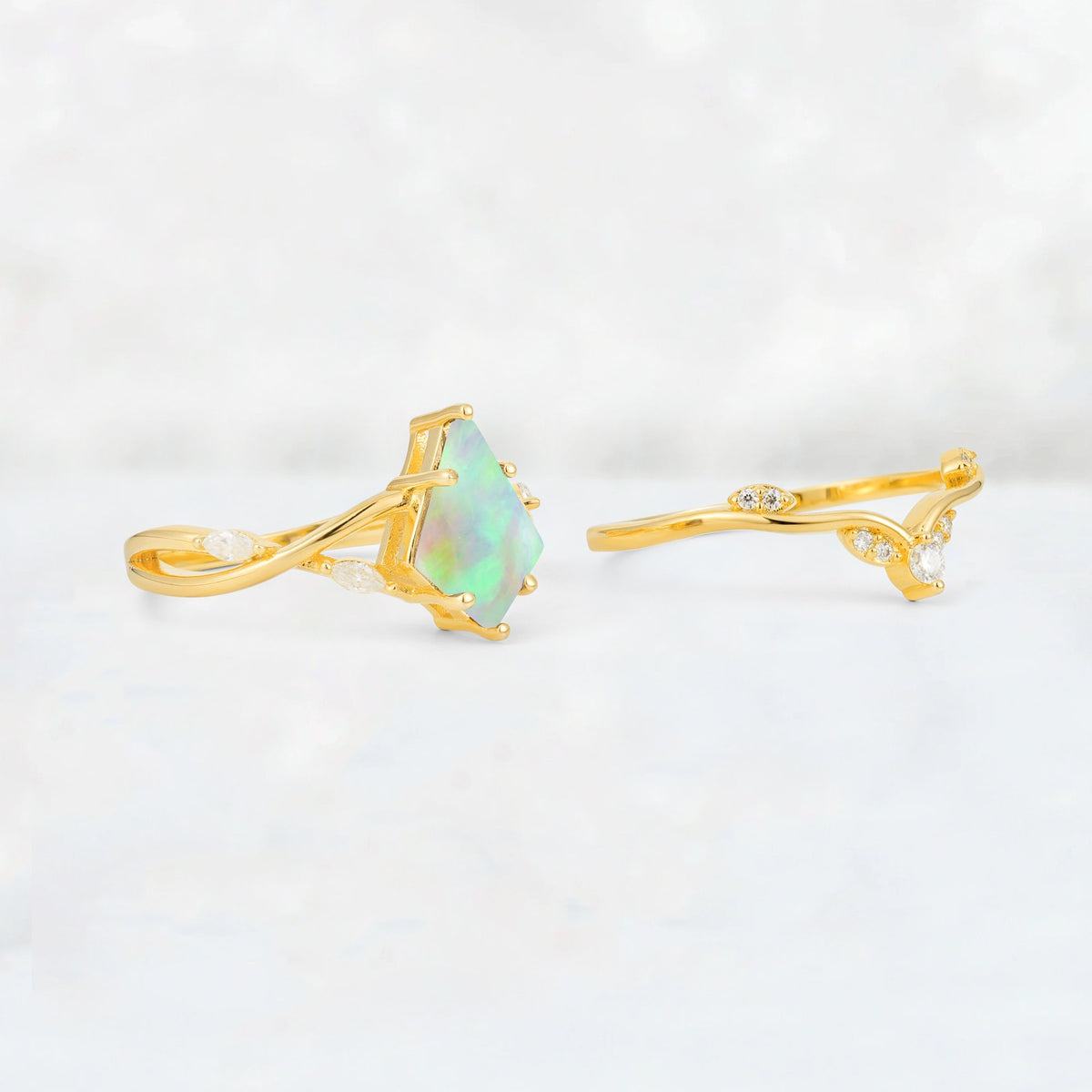Kite Cut Fire Opal Leaf Chevron Engagement Ring Set - Additional view