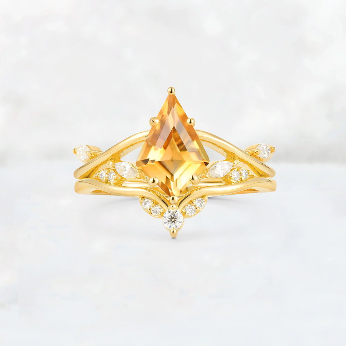 Kite Cut Citrine Leaf Chevron Engagement Ring Set - Additional view