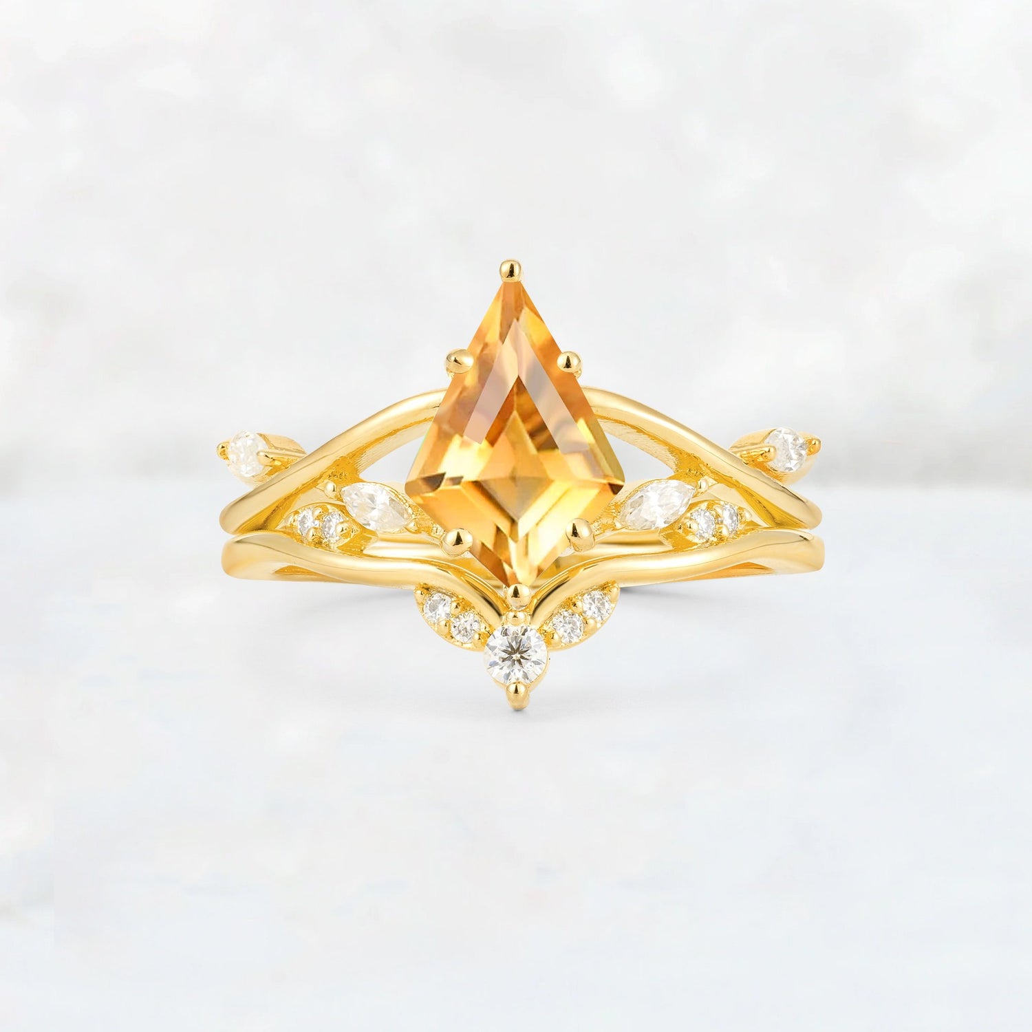 Kite Cut Citrine Leaf Chevron Engagement Ring Set - Additional view