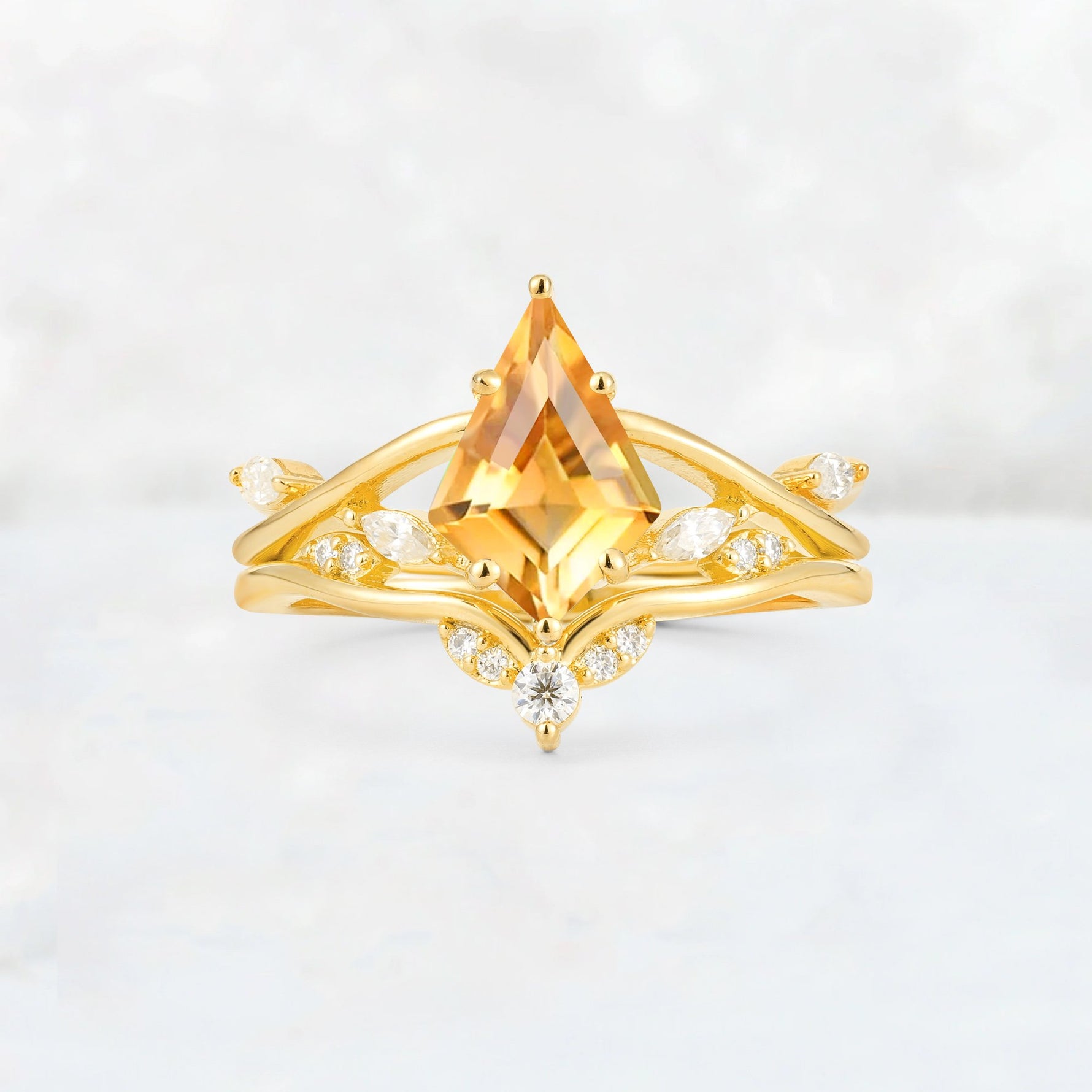 Kite Cut Citrine Leaf Chevron Engagement Ring Set - Additional view