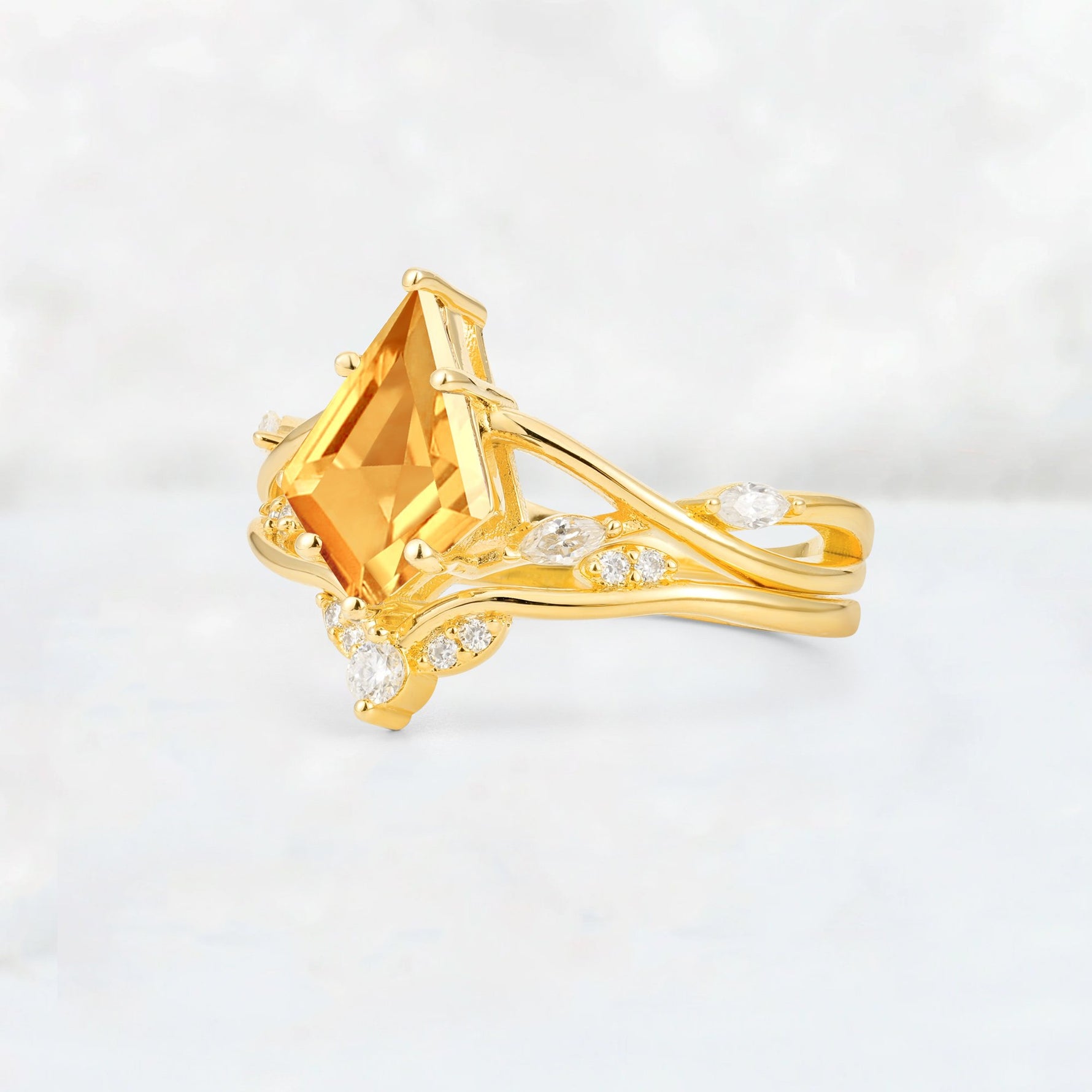 Kite Cut Citrine Leaf Chevron Engagement Ring Set - Additional view