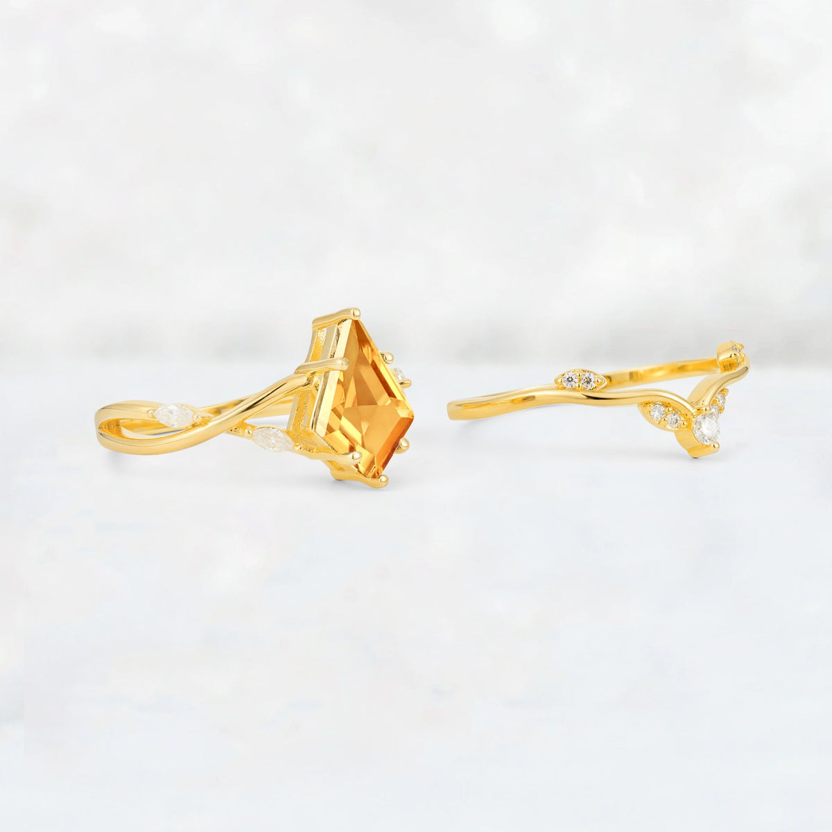 Kite Cut Citrine Leaf Chevron Engagement Ring Set - Additional view