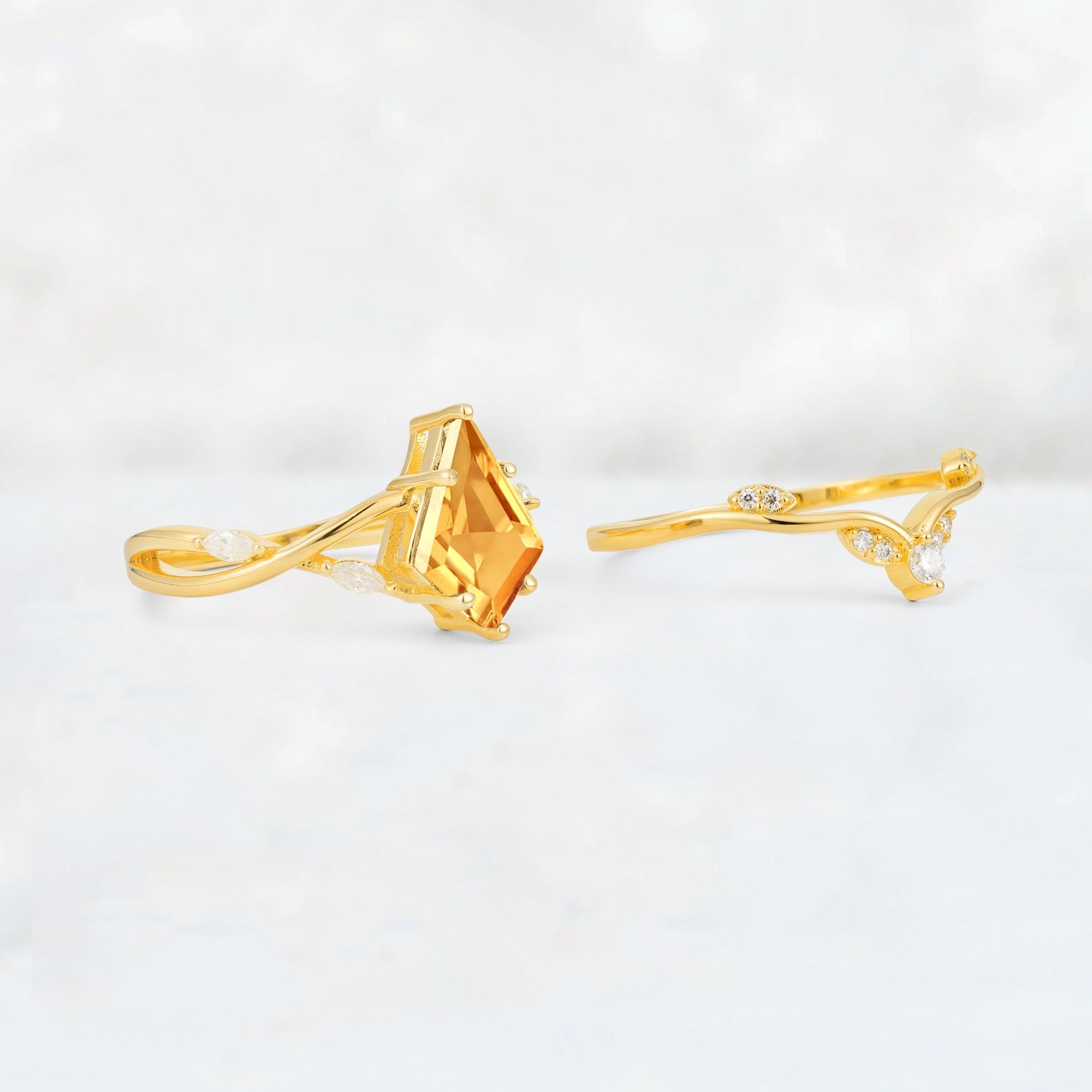 Kite Cut Citrine Leaf Chevron Engagement Ring Set - Additional view