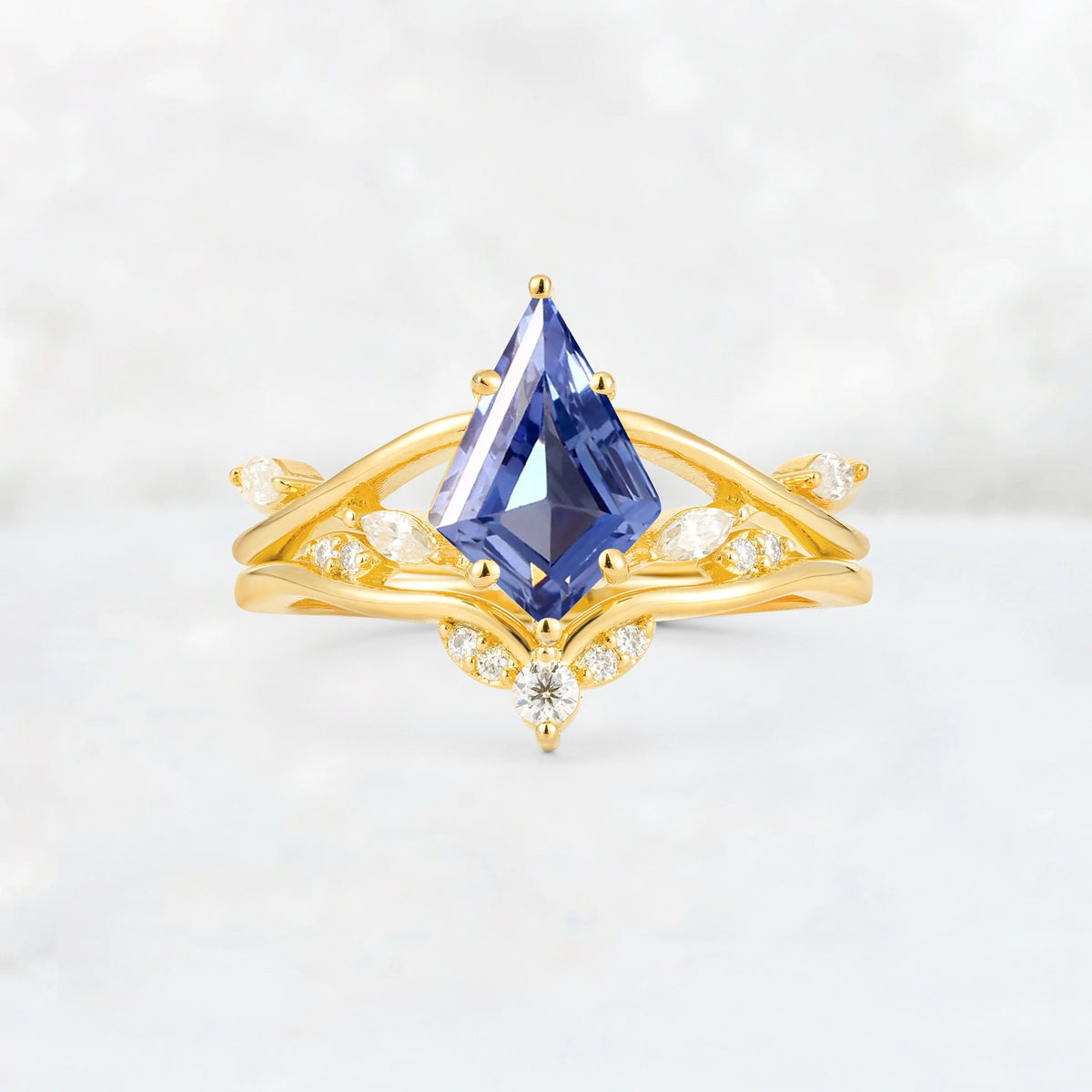 Kite Cut Tanzanite Leaf Chevron Engagement Ring Set - Additional view
