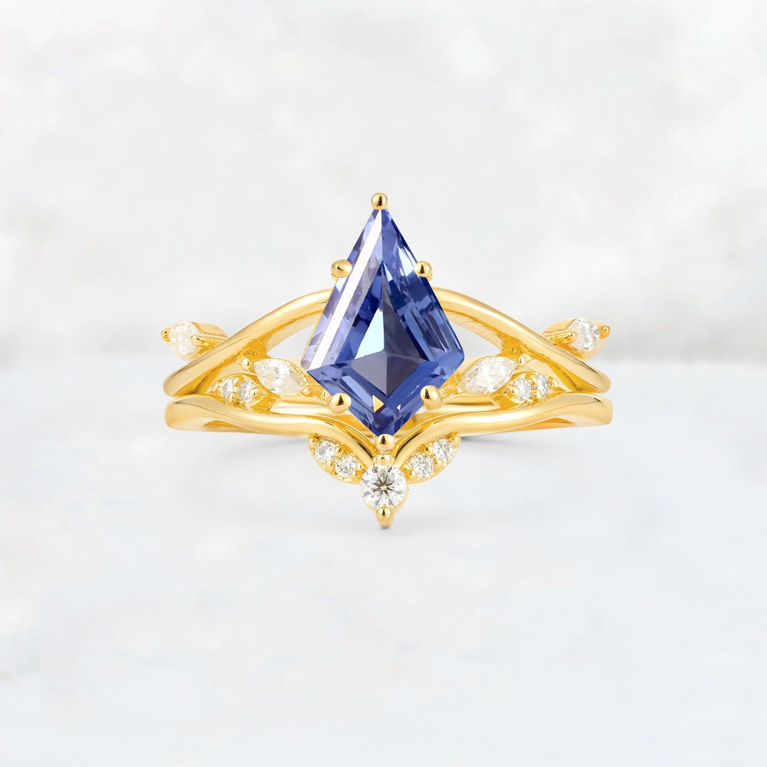 Kite Cut Tanzanite Leaf Chevron Engagement Ring Set - Additional view
