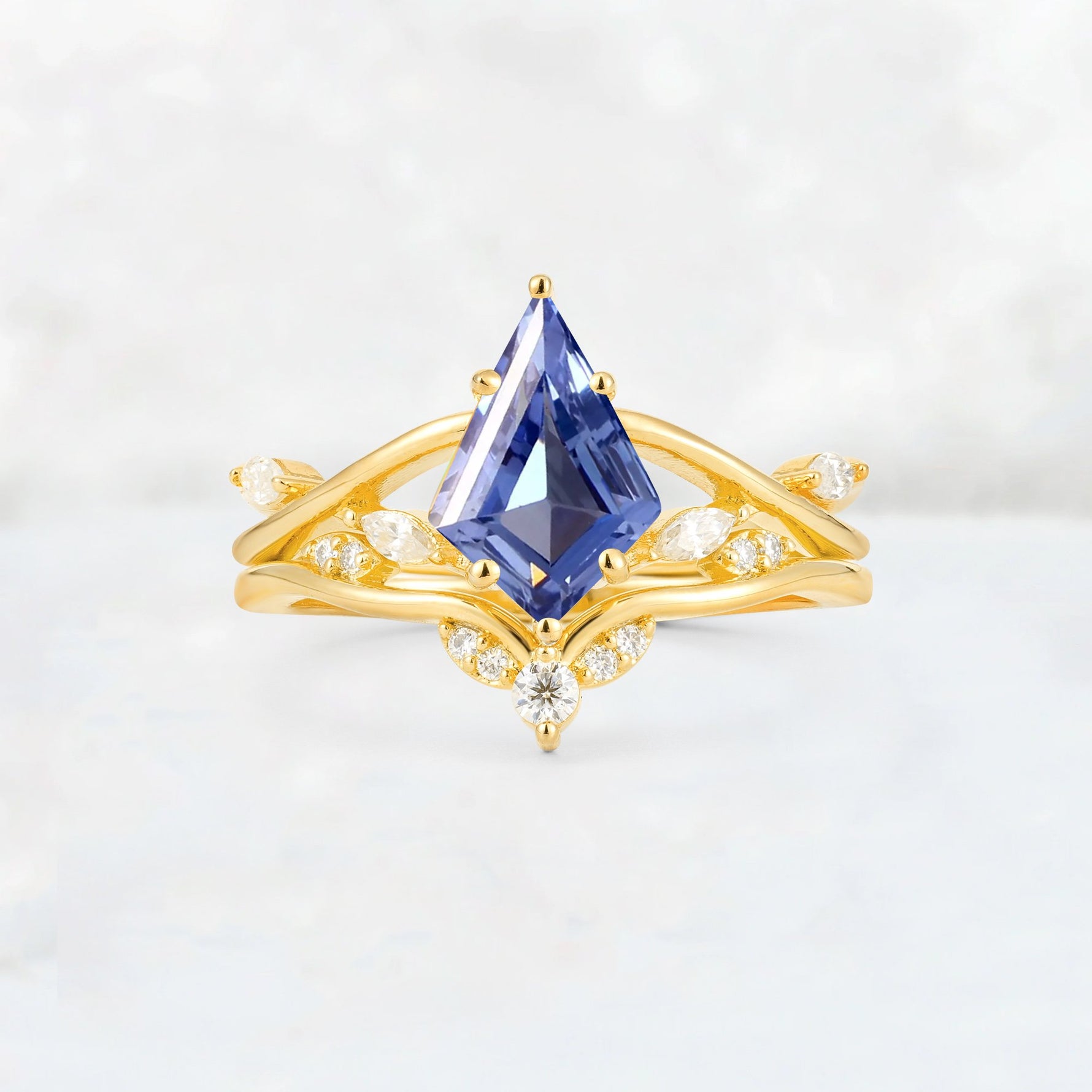 Kite Cut Tanzanite Leaf Chevron Engagement Ring Set - Additional view