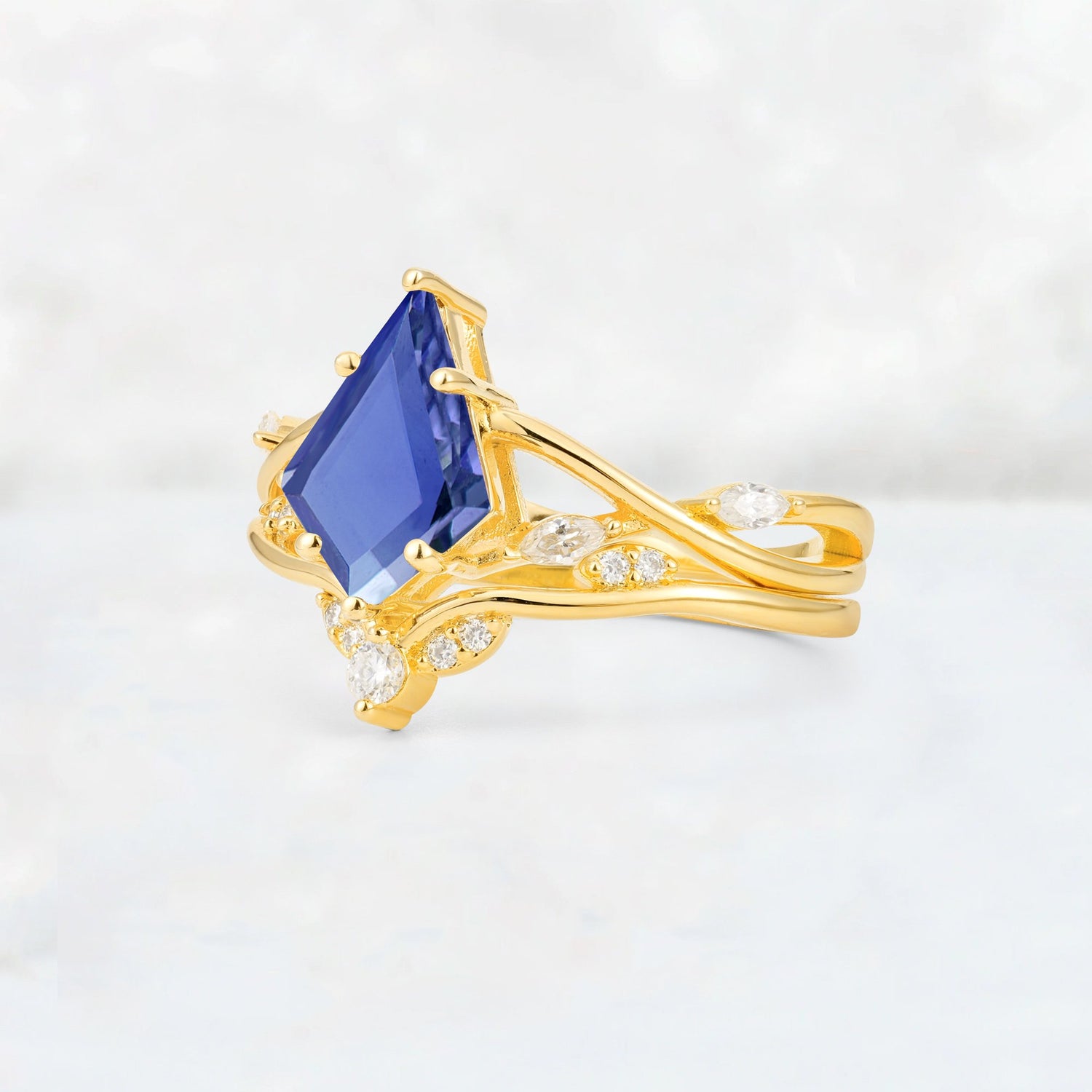 Kite Cut Tanzanite Leaf Chevron Engagement Ring Set - Additional view