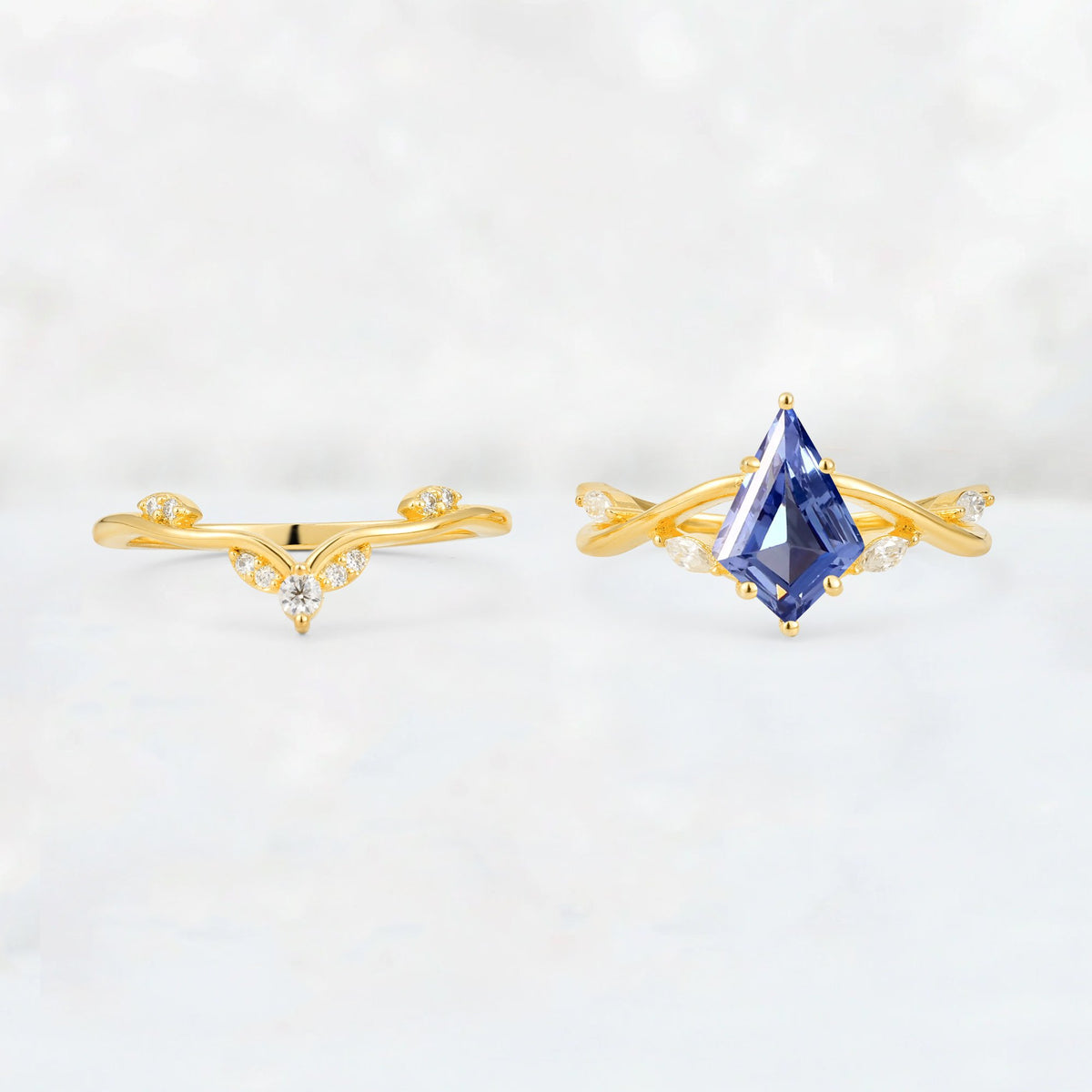 Kite Cut Tanzanite Leaf Chevron Engagement Ring Set - Additional view