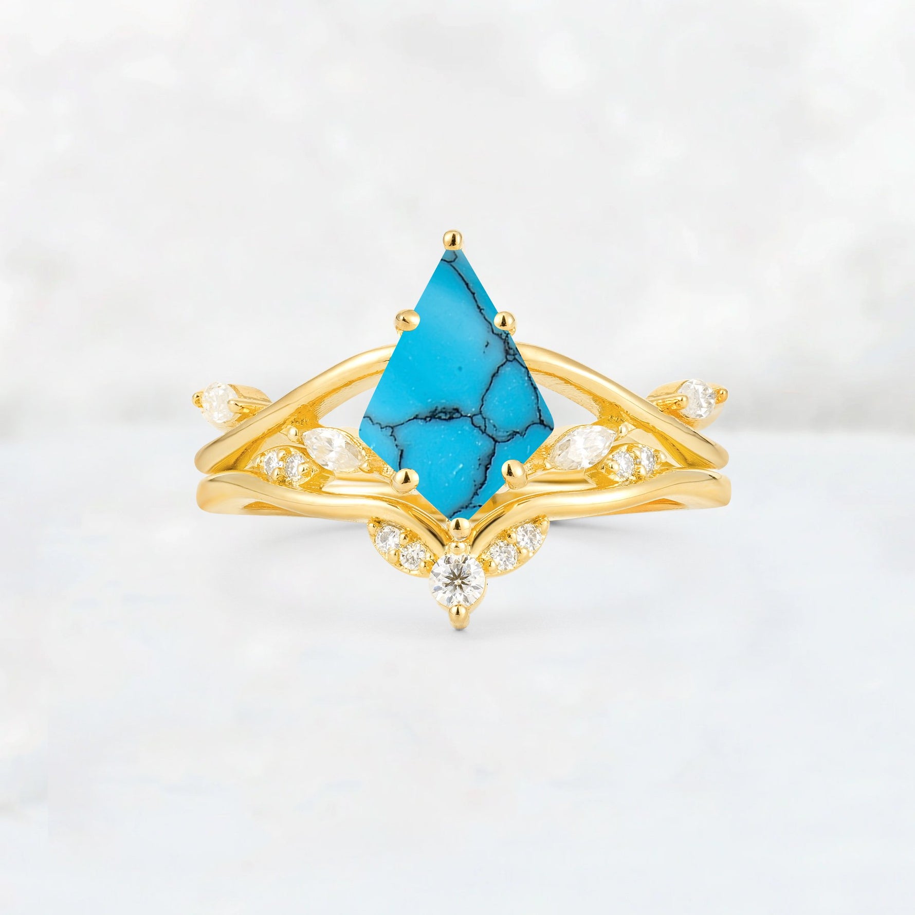 Kite Cut Turquoise Leaf Chevron Engagement Ring Set - Additional view