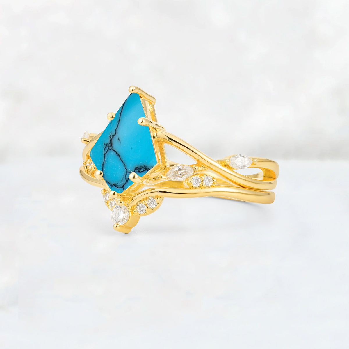 Kite Cut Turquoise Leaf Chevron Engagement Ring Set - Additional view