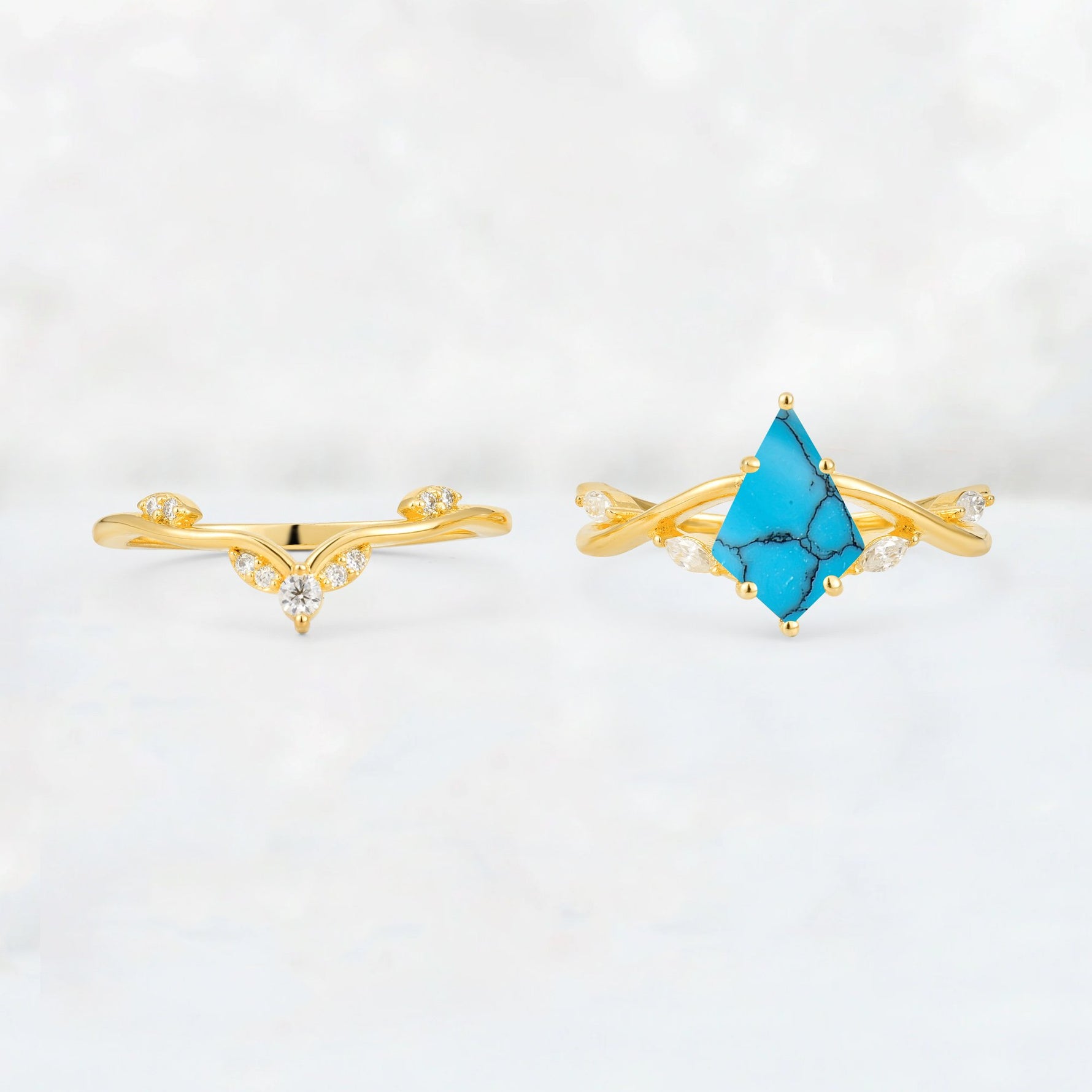 Kite Cut Turquoise Leaf Chevron Engagement Ring Set - Additional view
