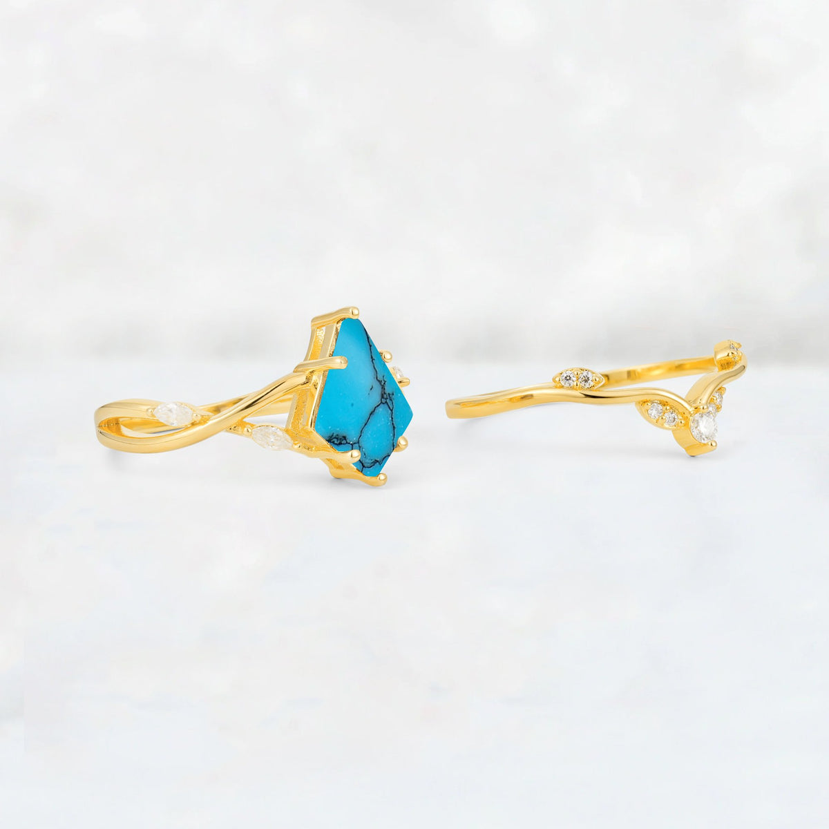 Kite Cut Turquoise Leaf Chevron Engagement Ring Set - Additional view