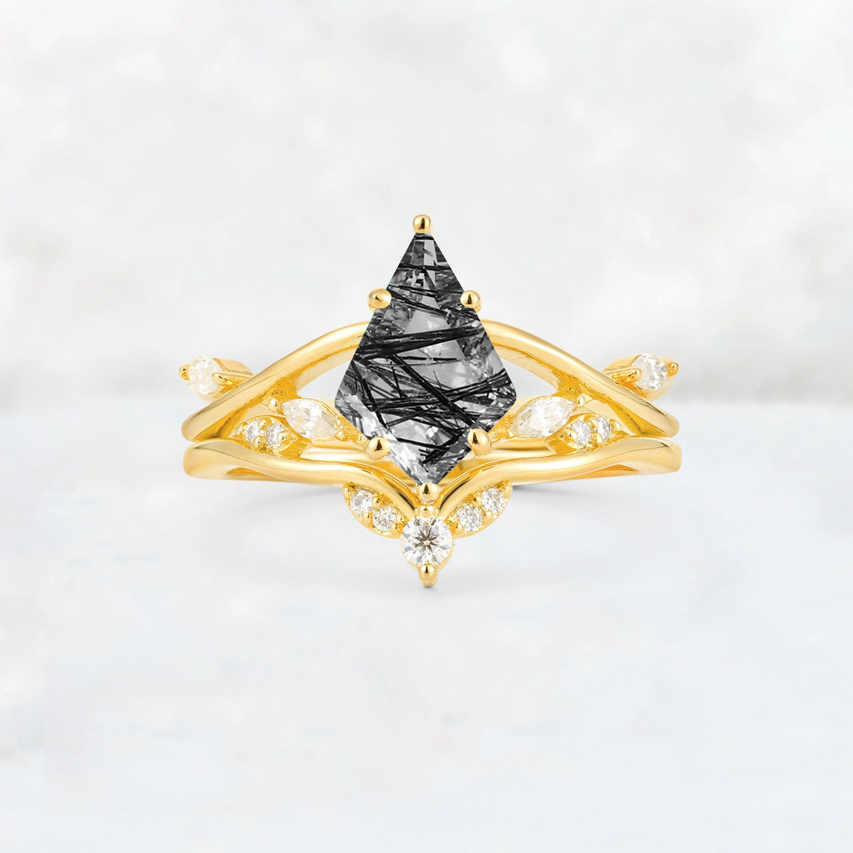 Kite Cut Black Rutilated Quartz Leaf Chevron Engagement Ring Set - Additional view