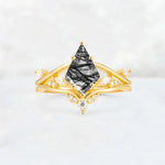 Kite Cut Black Rutilated Quartz Leaf Chevron Engagement Ring Set - Additional view