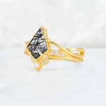 Kite Cut Black Rutilated Quartz Leaf Chevron Engagement Ring Set - Additional view
