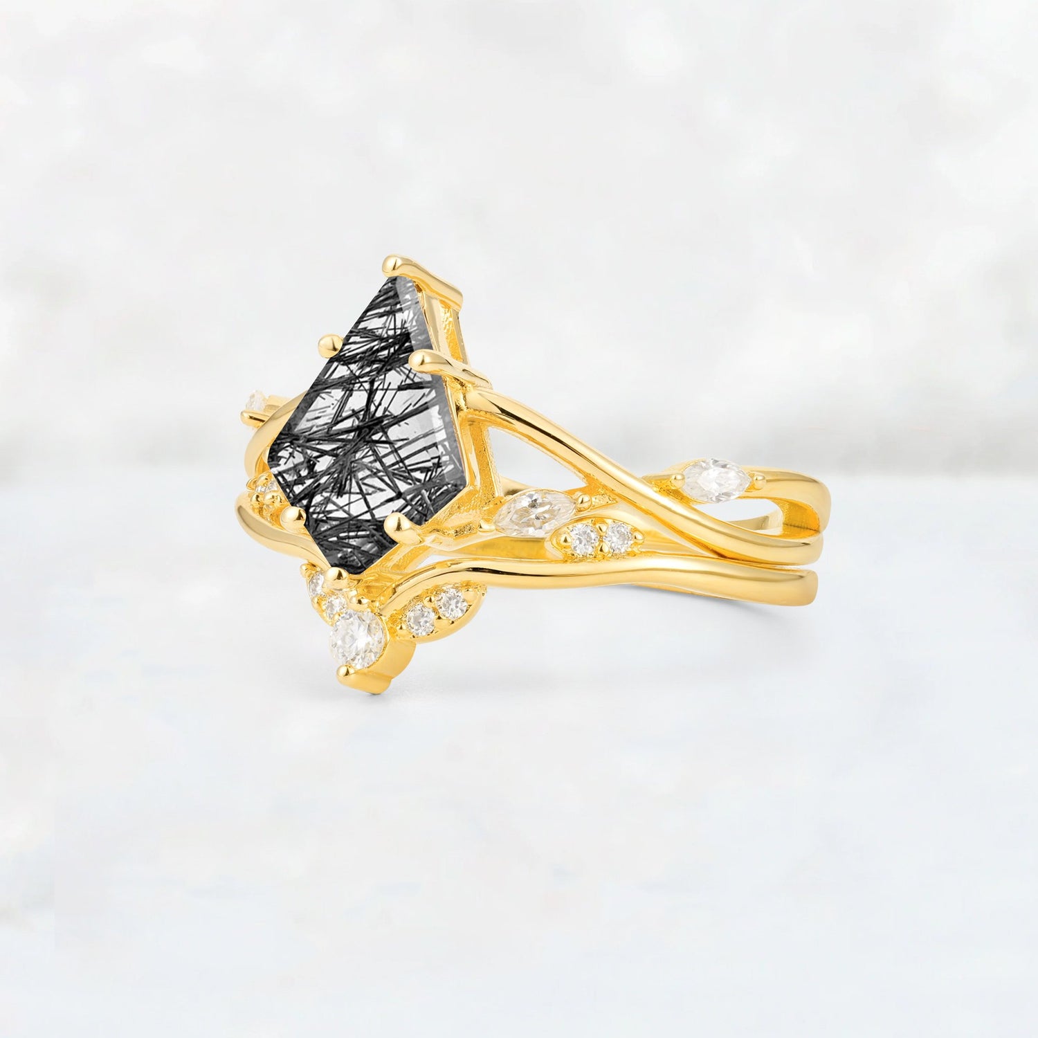 Kite Cut Black Rutilated Quartz Leaf Chevron Engagement Ring Set - Additional view