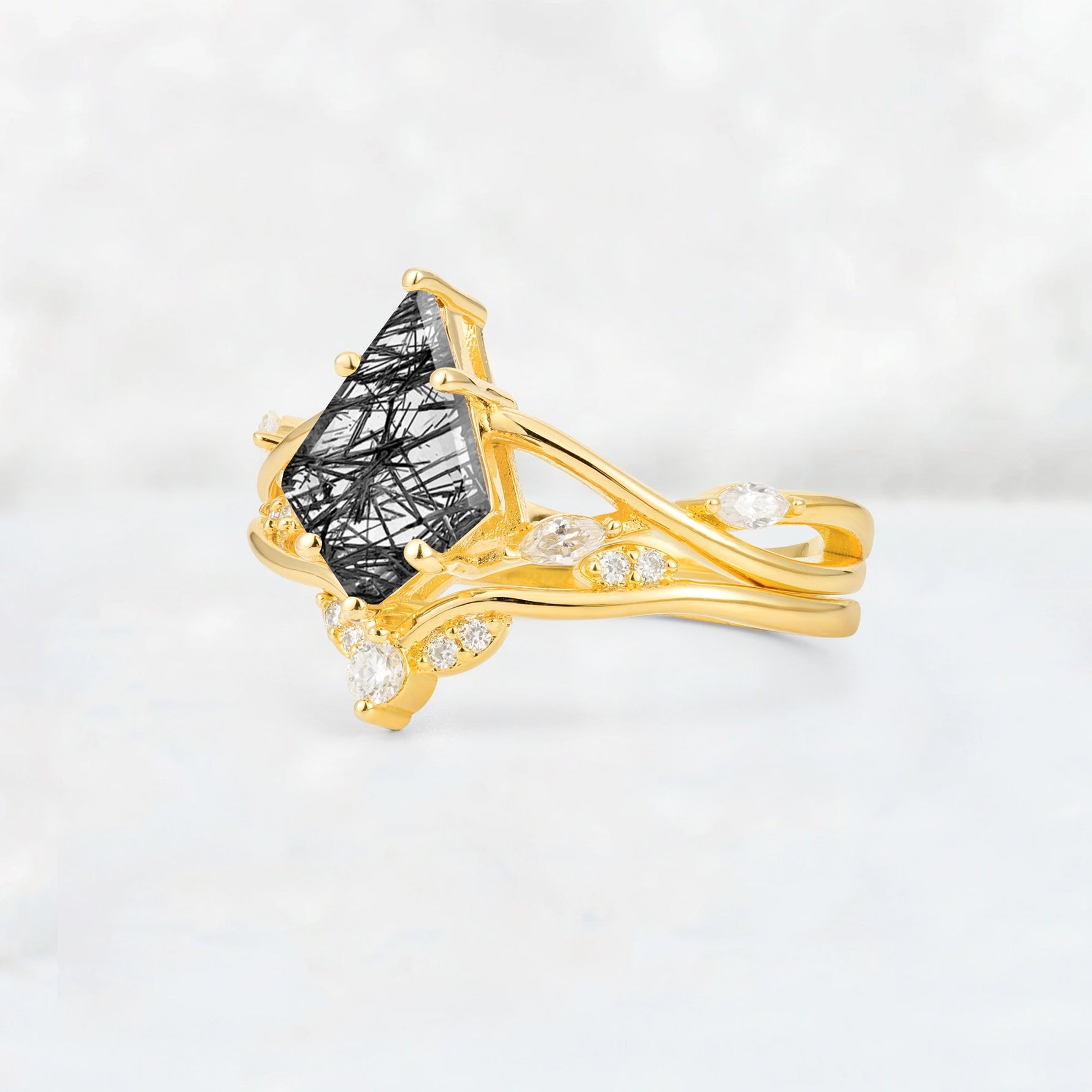 Kite Cut Black Rutilated Quartz Leaf Chevron Engagement Ring Set - Additional view