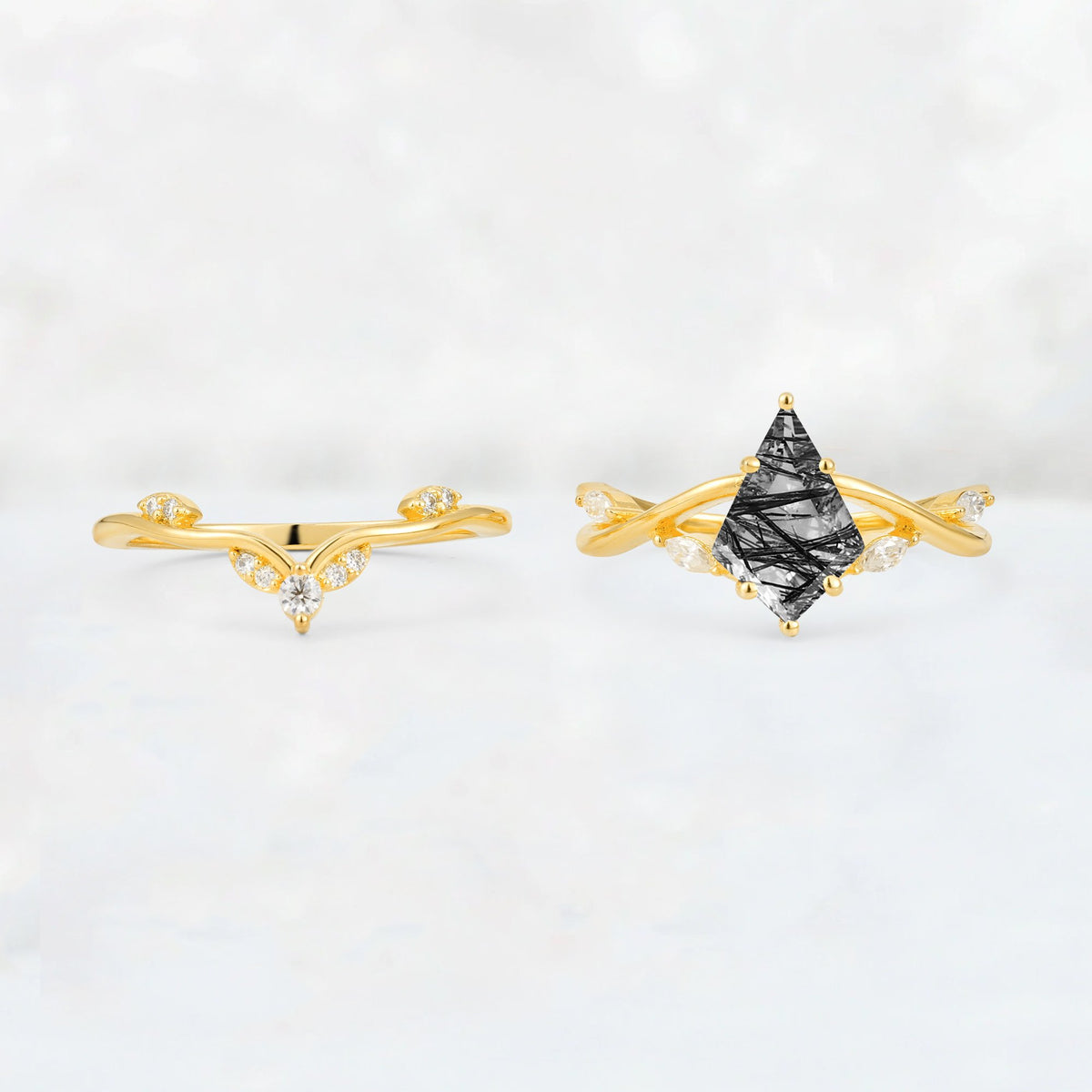 Kite Cut Black Rutilated Quartz Leaf Chevron Engagement Ring Set - Additional view