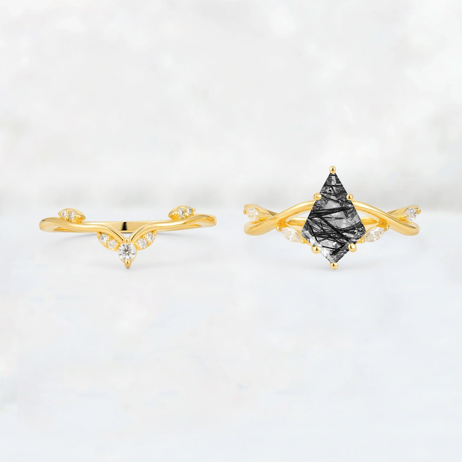 Kite Cut Black Rutilated Quartz Leaf Chevron Engagement Ring Set - Additional view