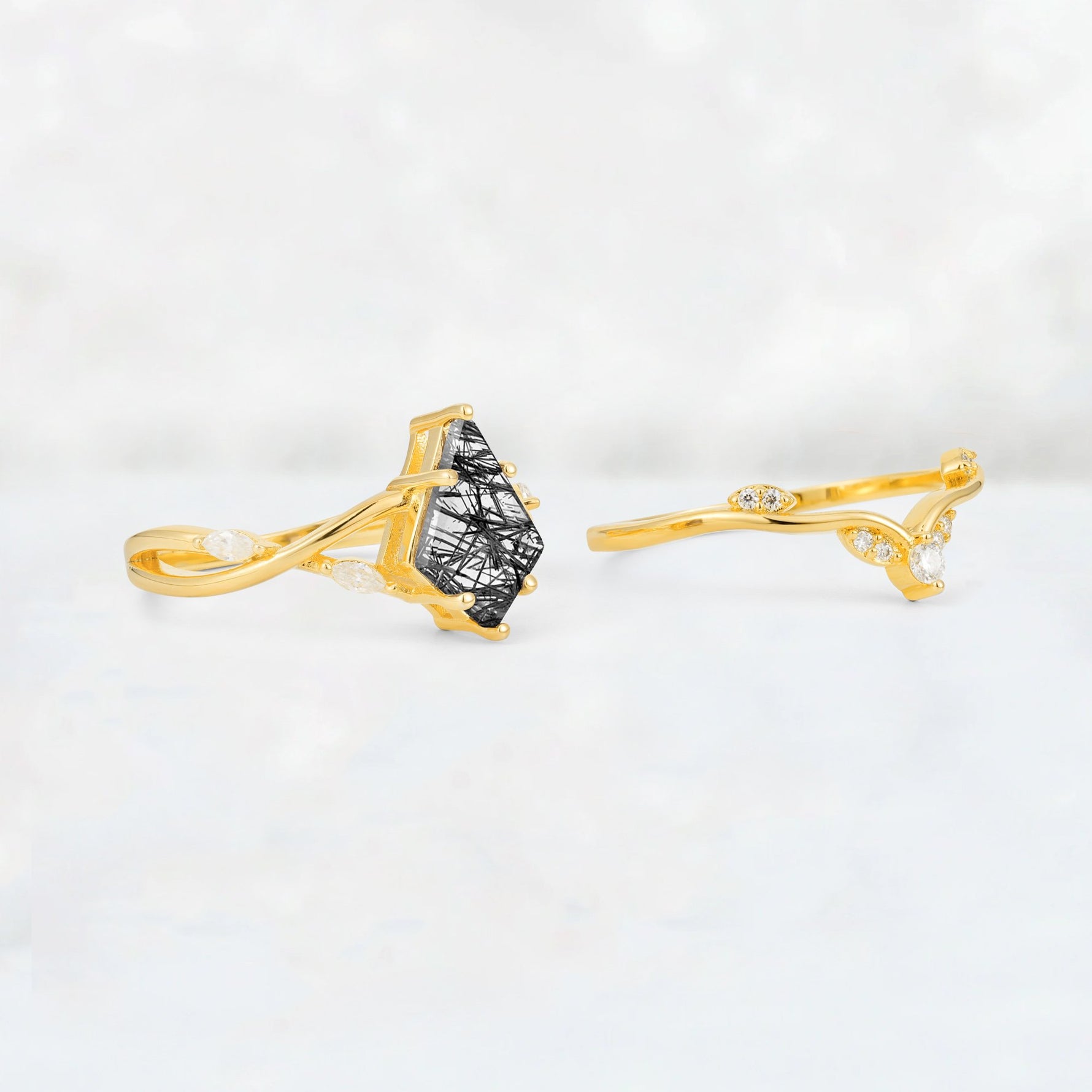 Kite Cut Black Rutilated Quartz Leaf Chevron Engagement Ring Set - Additional view