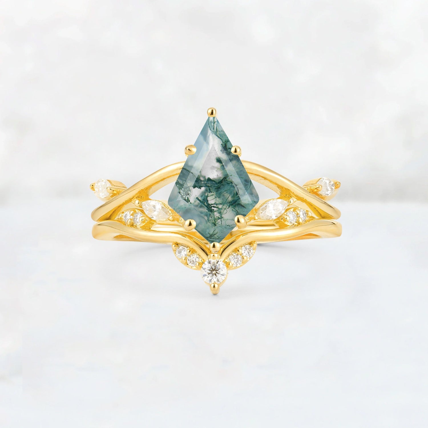 Kite Cut Moss Agate Leaf Chevron Engagement Ring Set - Additional view