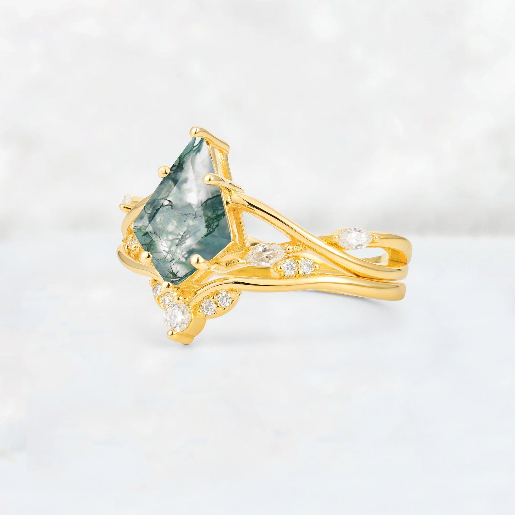 Kite Cut Moss Agate Leaf Chevron Engagement Ring Set - Additional view