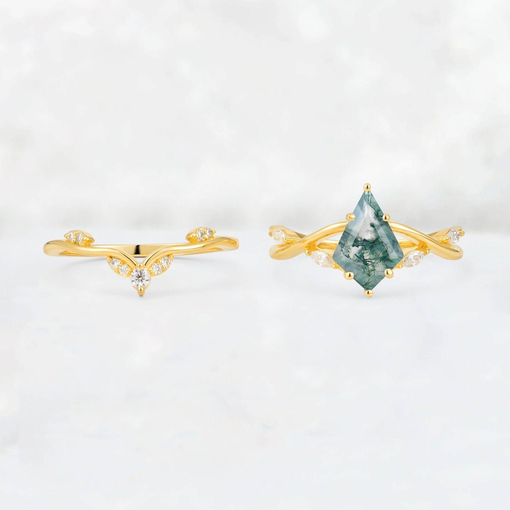 Kite Cut Moss Agate Leaf Chevron Engagement Ring Set - Additional view