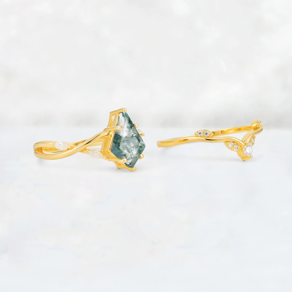 Kite Cut Moss Agate Leaf Chevron Engagement Ring Set - Additional view