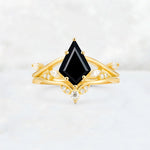 Kite Cut Black Onyx Leaf Chevron Engagement Ring Set - Additional view