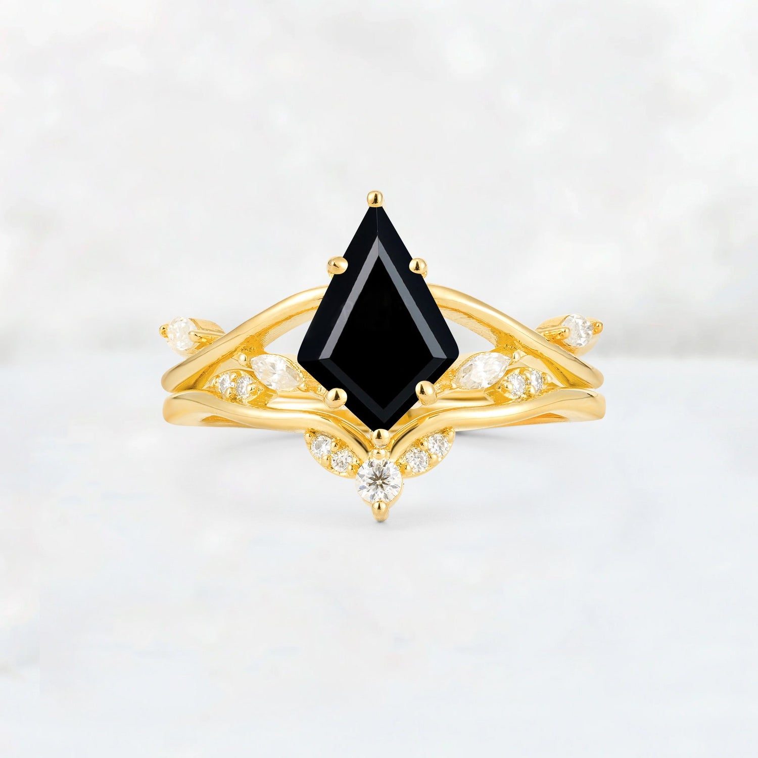 Kite Cut Black Onyx Leaf Chevron Engagement Ring Set - Additional view