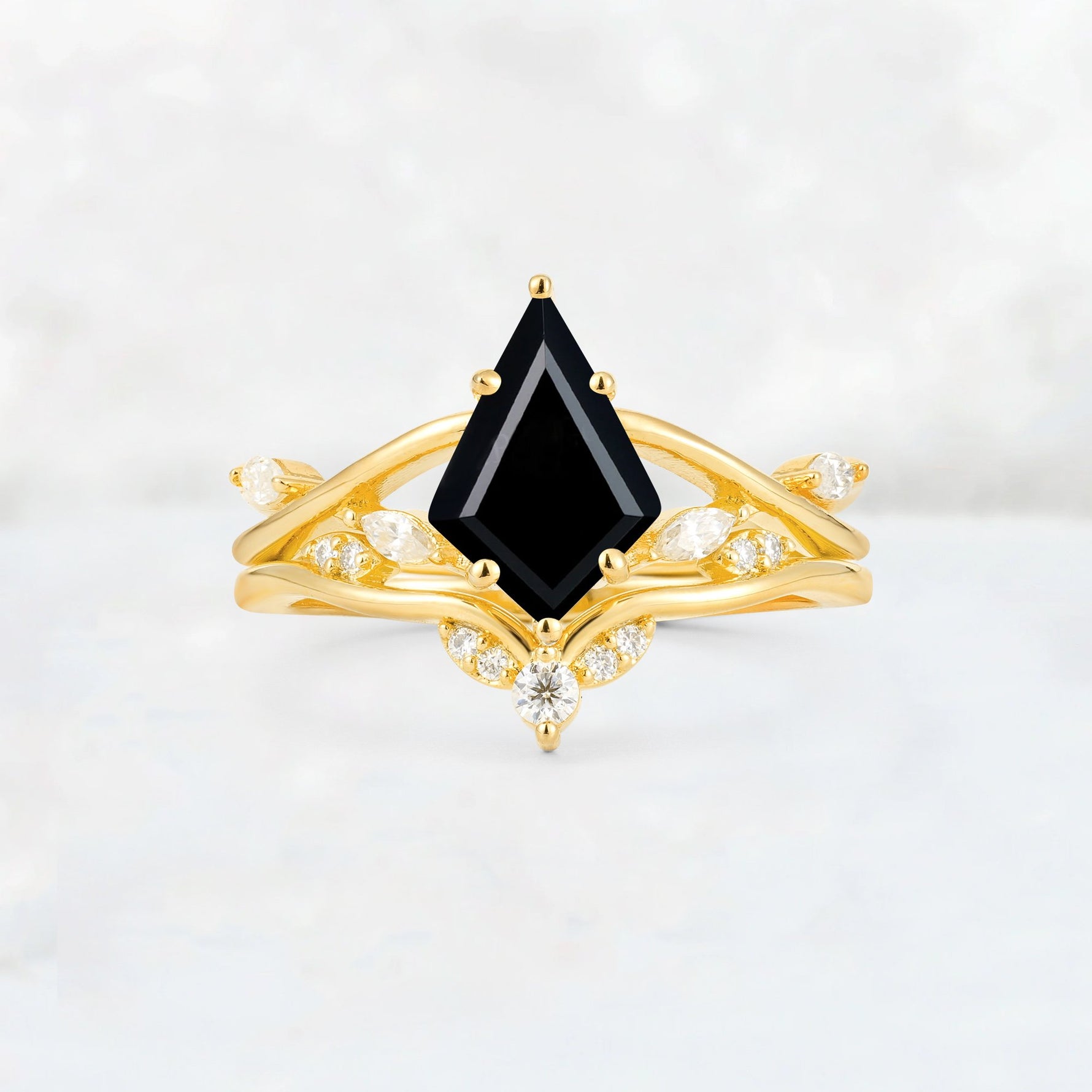 Kite Cut Black Onyx Leaf Chevron Engagement Ring Set - Additional view