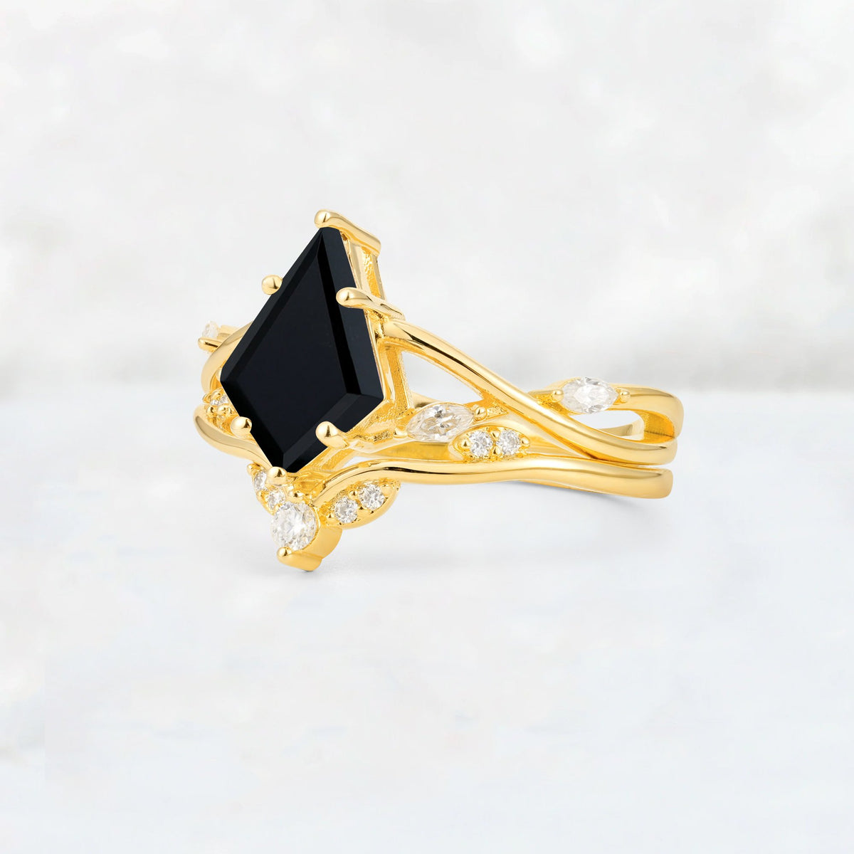 Kite Cut Black Onyx Leaf Chevron Engagement Ring Set - Additional view